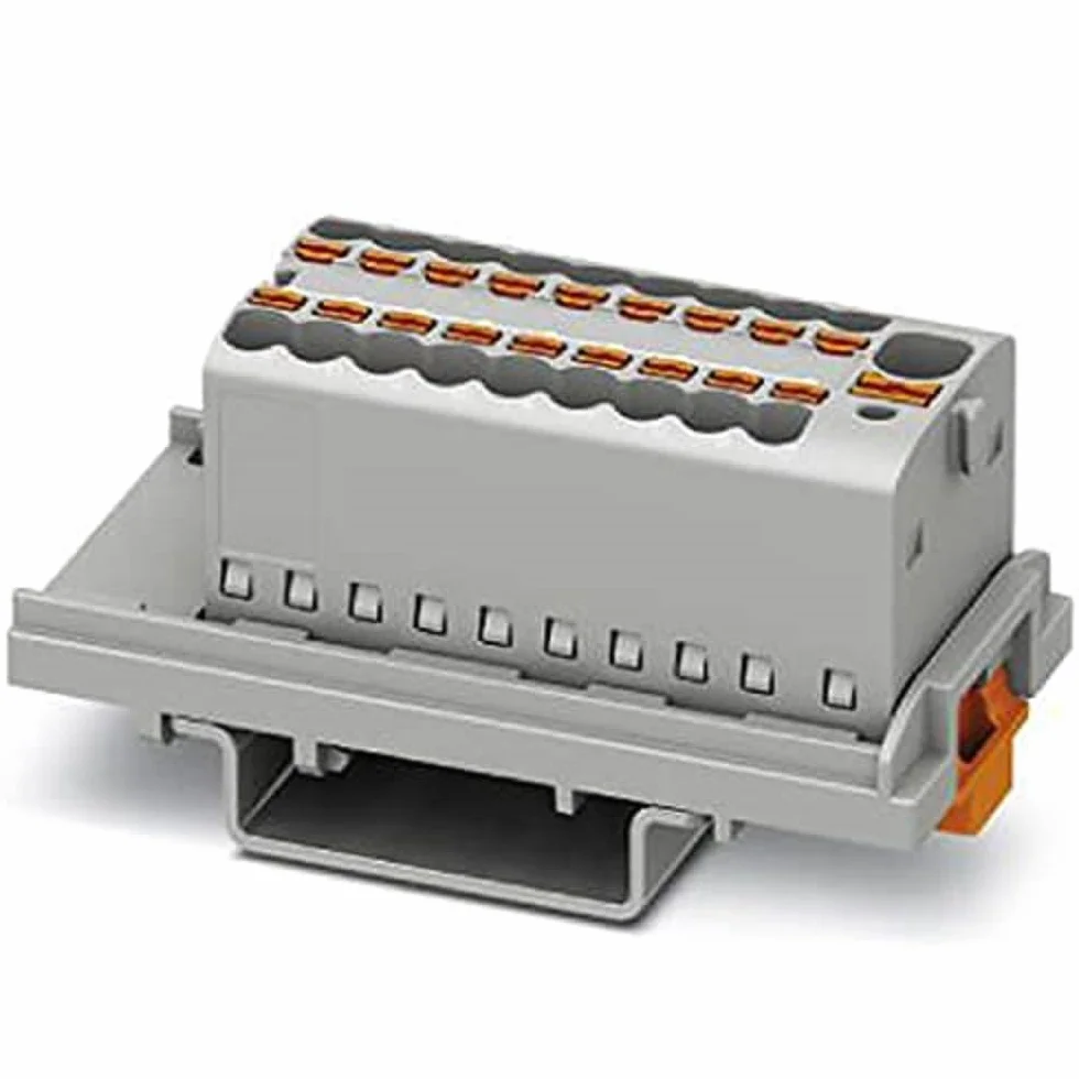 PHOENIX CONTACT PTFIX 4/18X1.5-NS35 GY blok rozdzielczy, blok z pionową orientacją/zintegrowane zasilanie, napięcie znamionowe 500 V, prąd znamionowy 17,5 A, złącze Push-in, 19 liczba przyłączy, 1