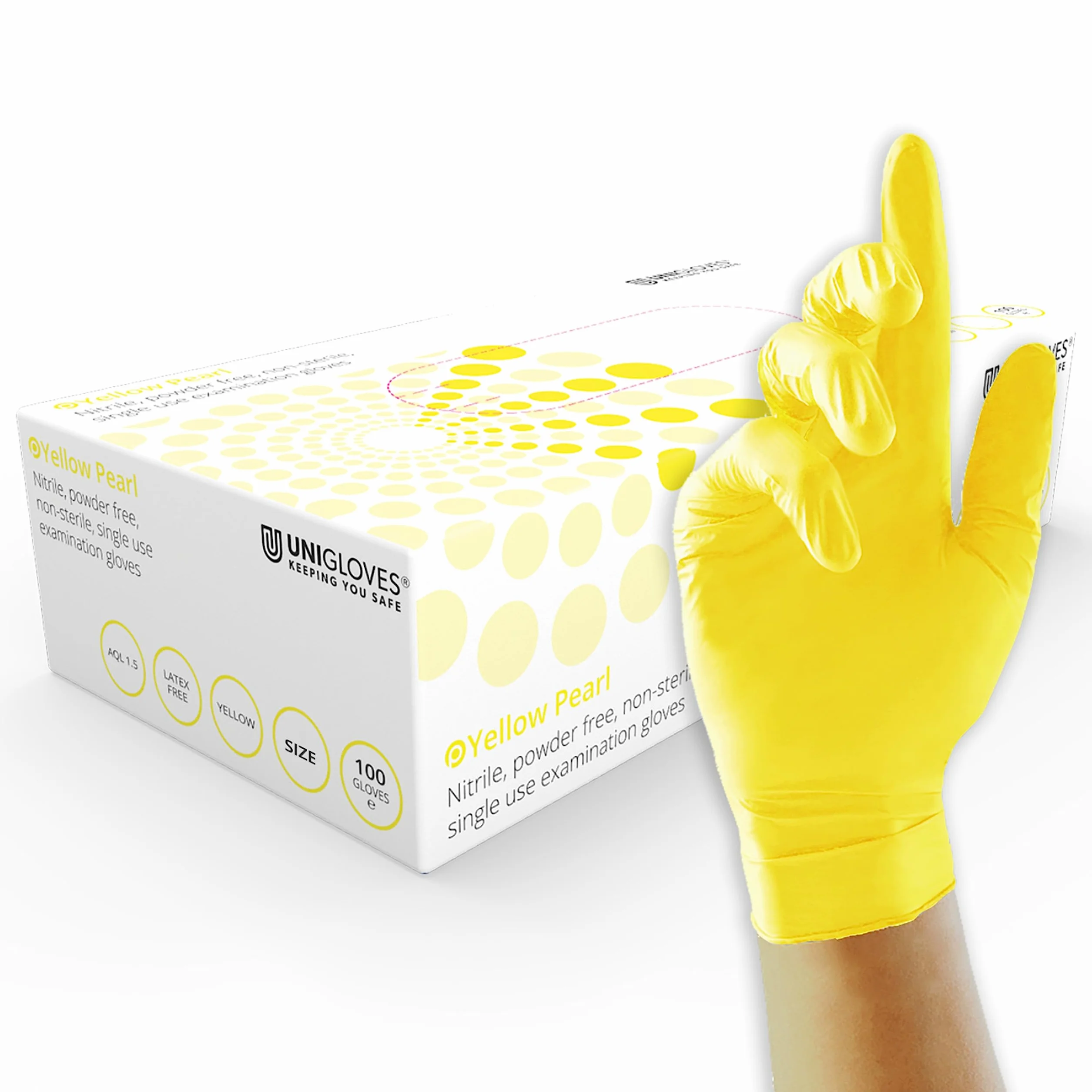 Unigloves Rękawice jednorazowe z nitrylu Yellow Pearl - uniwersalne rękawiczki jednorazowe, bez pudru i lateksu, 100 sztuk, żółte, rozmiar L (GP0114)