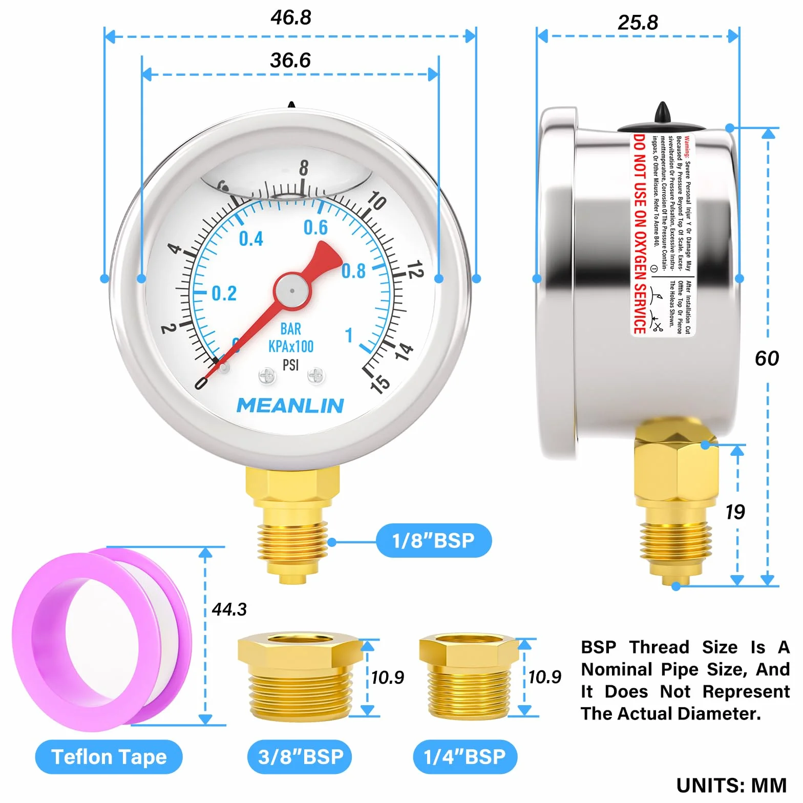 MEANLIN MEASURE 0~1BAR/15PSI stal szlachetna 1/8" BSP 1,5" FACE DIAL, manometr wypełniony gliceryną, wypełniony płynem, woda i olej, dolny montaż, z gniazdem sześciokątnym 1/8"x 1/4" BSP i 1/8"x 3/8