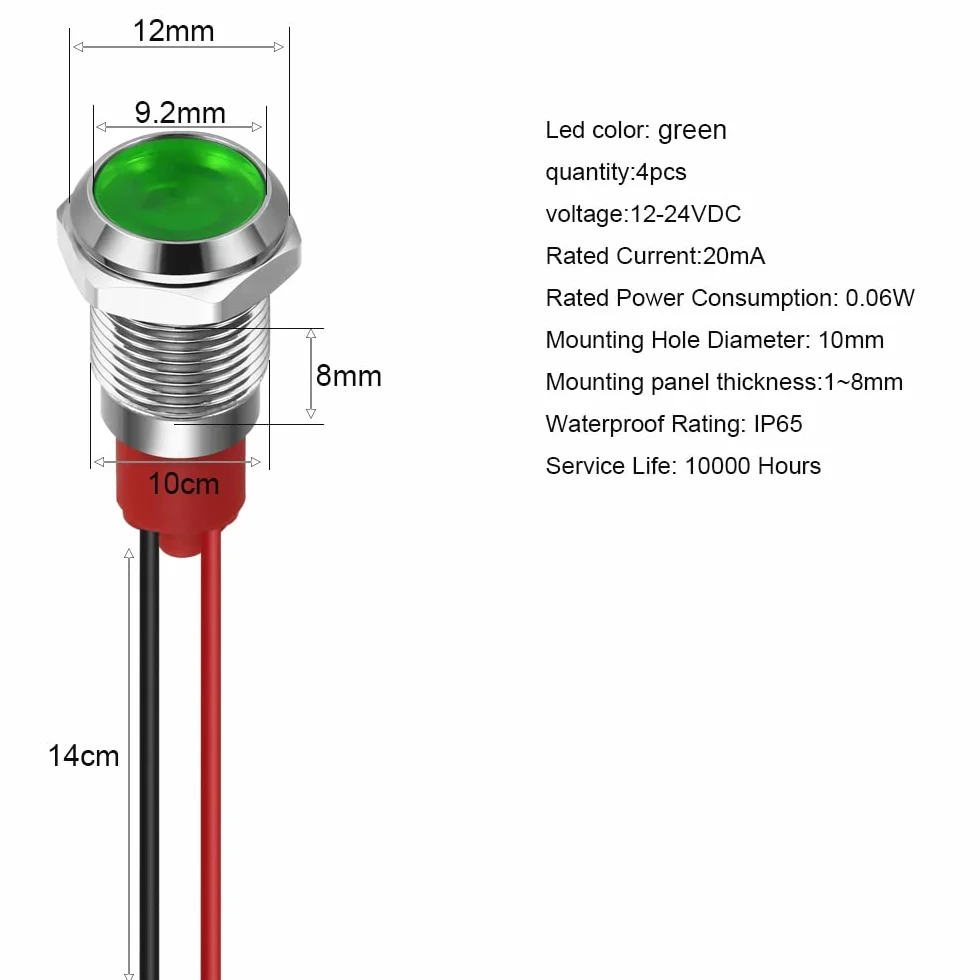 GUUZI 10mm Lampka Kontrolna LED 12-24V Wodoodporna Lampka Sygnalizacyjna Panel Metalowy Wskaźnik LED Lampka Sygnalizacyjna Mocowanie Panelu Głowica Płaska z Przewodami Srebrny Skorupa(Zielony, 4 szt)