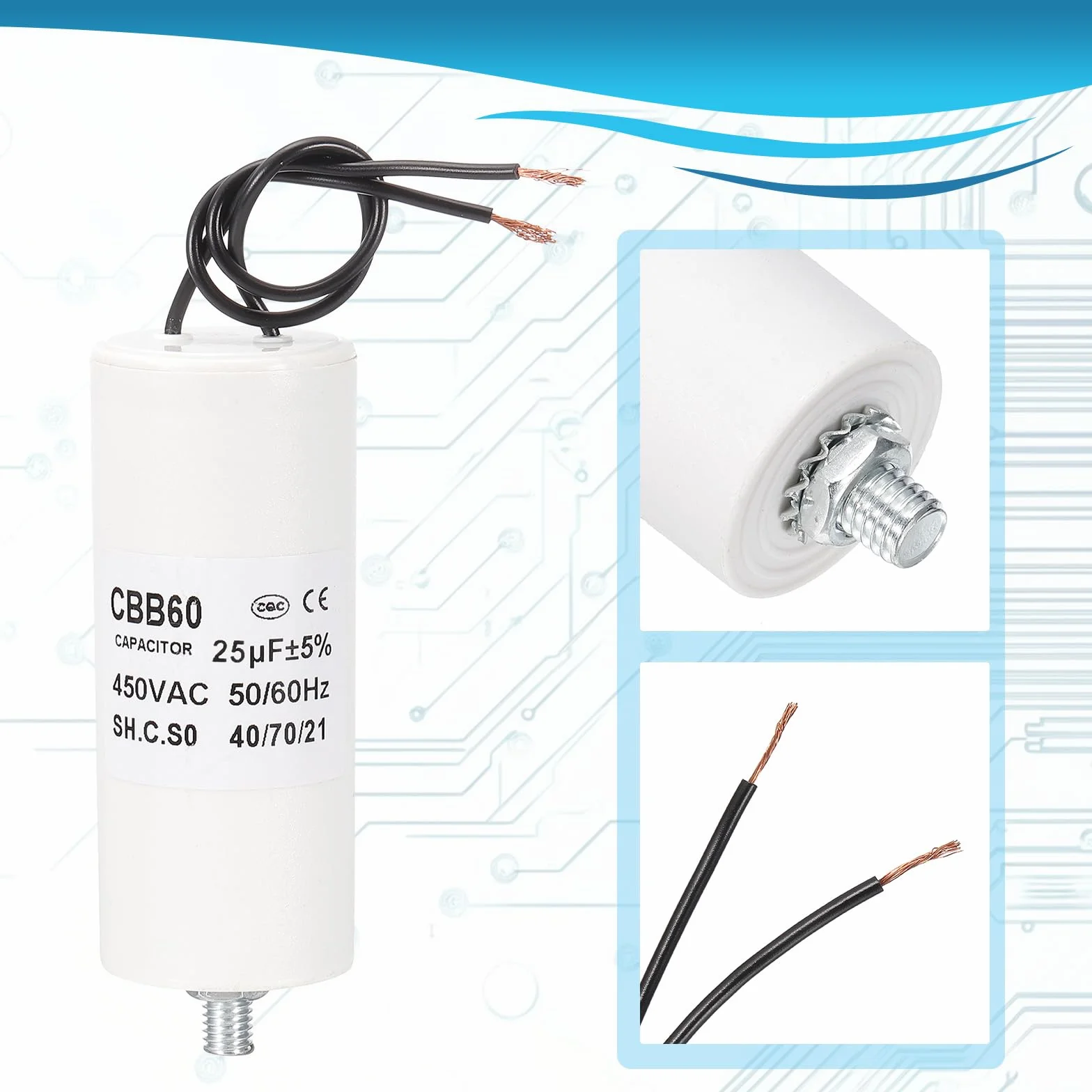 PATIKIL Kondensator rozruchowy 25uF CBB60 AC 450 V, 2 przewody 50/60 Hz, dno cylindra ze śrubami M8 x 15 mm, do pralki, silnika pompy wodnej, gwiazda, 95 x 40 mm, biały