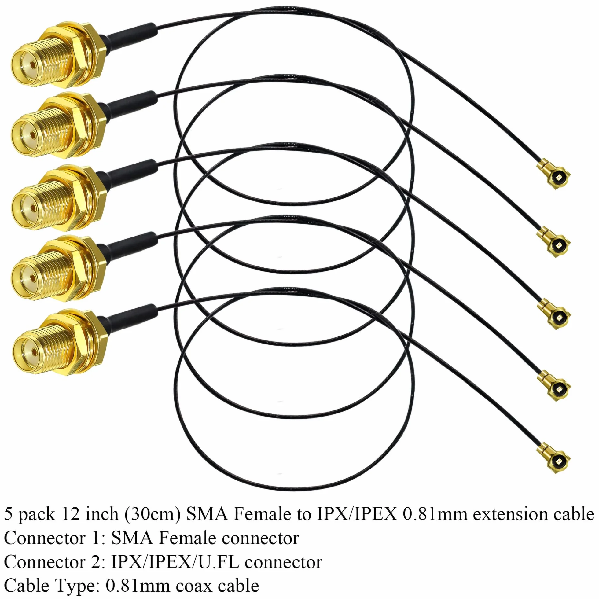 TUOLNK Gniazdo SMA na U.FL IPX Kabel Koncentryczny Bulkhead Pigtail WiFi 0,81 mm 12 cali (30 cm) 5 sztuk