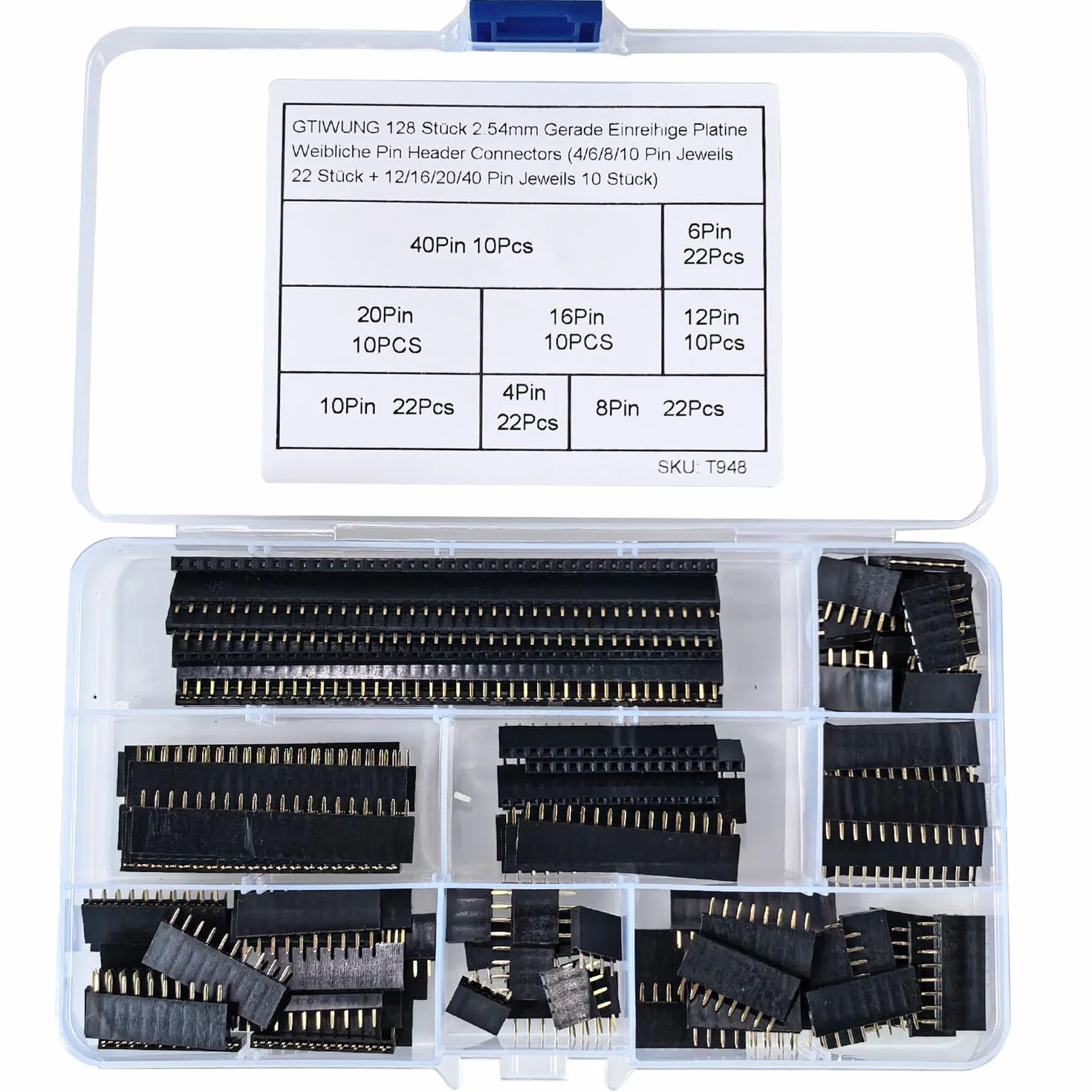GTIWUNG 128 sztuk 2,54 mm prosta płytka jednorzędowa żeńska listwa zasilająca listwa zasilająca listwa zasilająca Pin Header Connectors (4/6/8/10pinów każdorazowo 22 sztuki + 12/16/20/40 pinów po 10