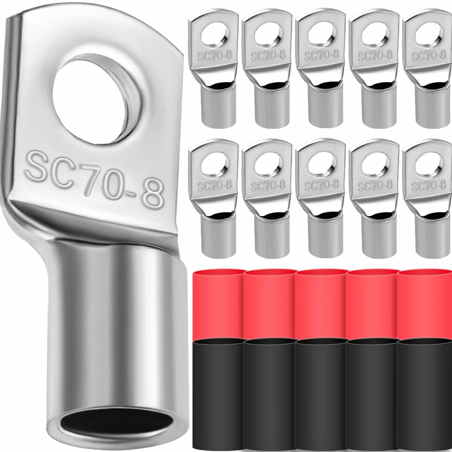 10 x końcówka kablowa 70 mm², średnica otworu M8, końcówka kablowa pierścieniowa, pogrubiona miedź, nieizolowana końcówka kablowa SC z 10 wężami termokurczliwymi 3: 1