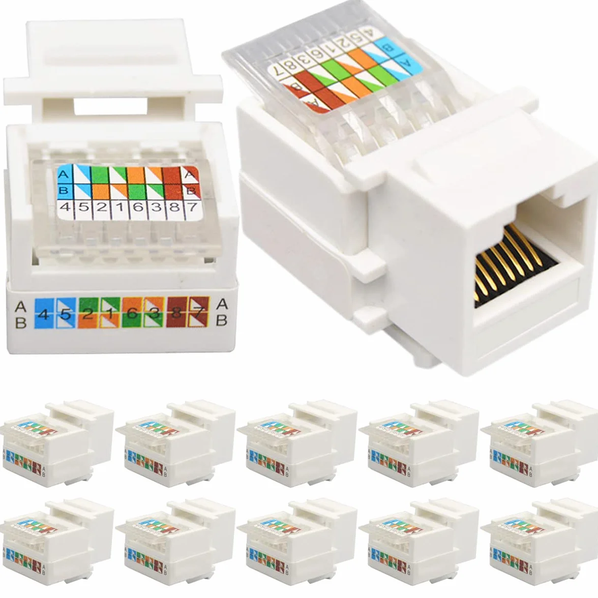 Xiatiaosann Keystone RJ45 Jack Cat6, 10 sztuk łącznik, sieciowy Ethernet Wall Jack Inline Cat6 sieciowy kompatybilny z katem 5/5e/6