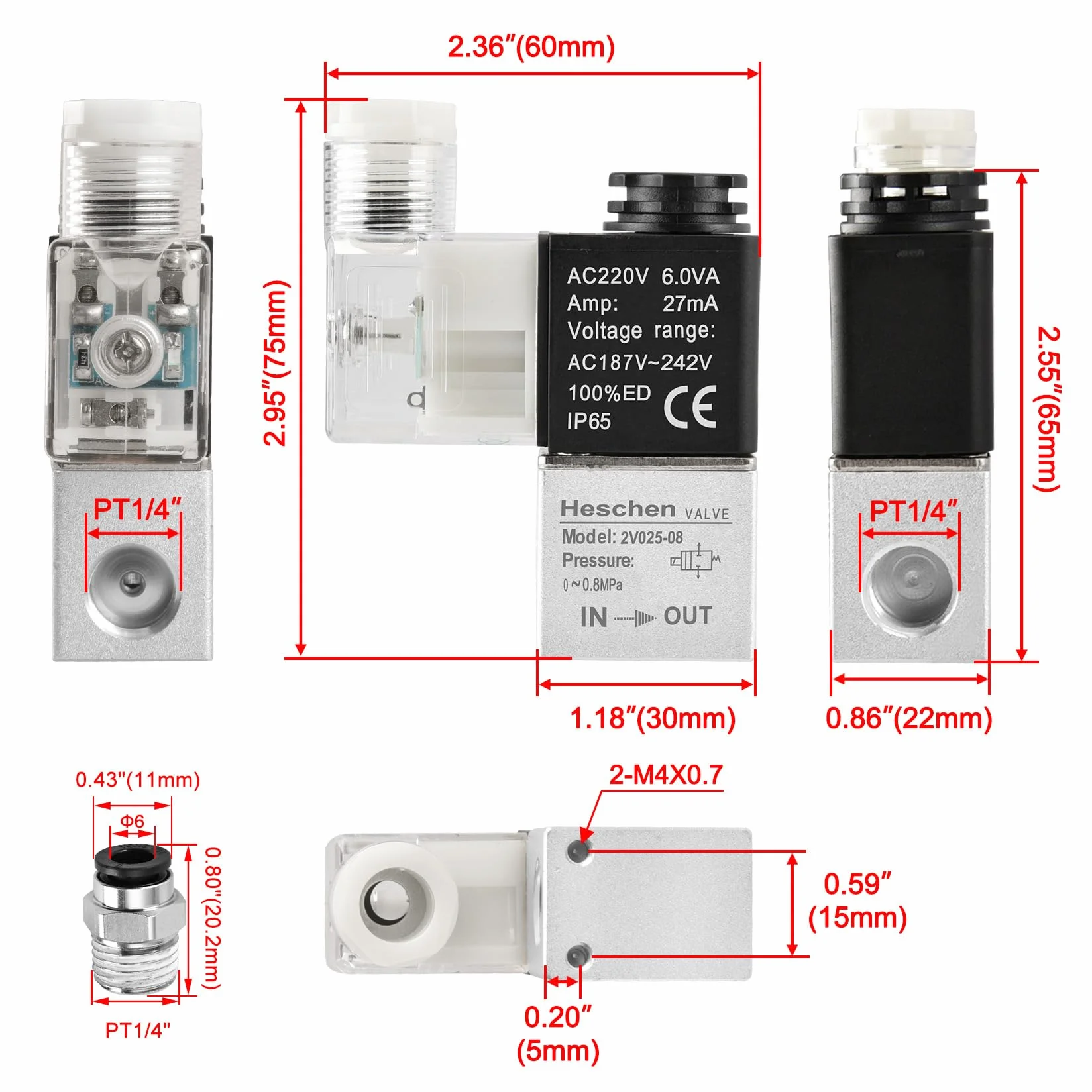 Heschen Elektryczny pneumatyczny zawór elektromagnetyczny, 2V025-08, 220 VAC, PT1/4, 2/2-drożny, normalnie zamknięty, CE