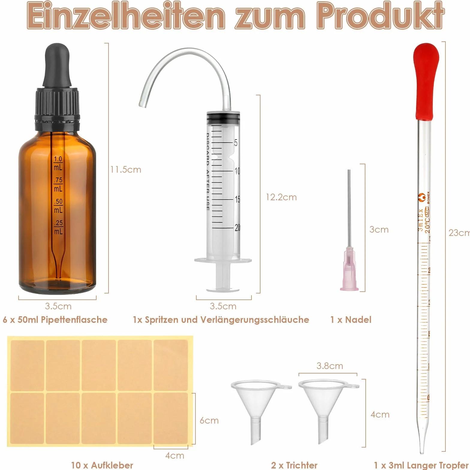 modacraft Butelka z pipetą 50 ml z akcesoriami pomocniczymi, butelka z pipetą z brązowego szkła, butelka apteczna do płynów, olejków eterycznych, olejków zapachowych, aromaterapii, płynnych barwników,