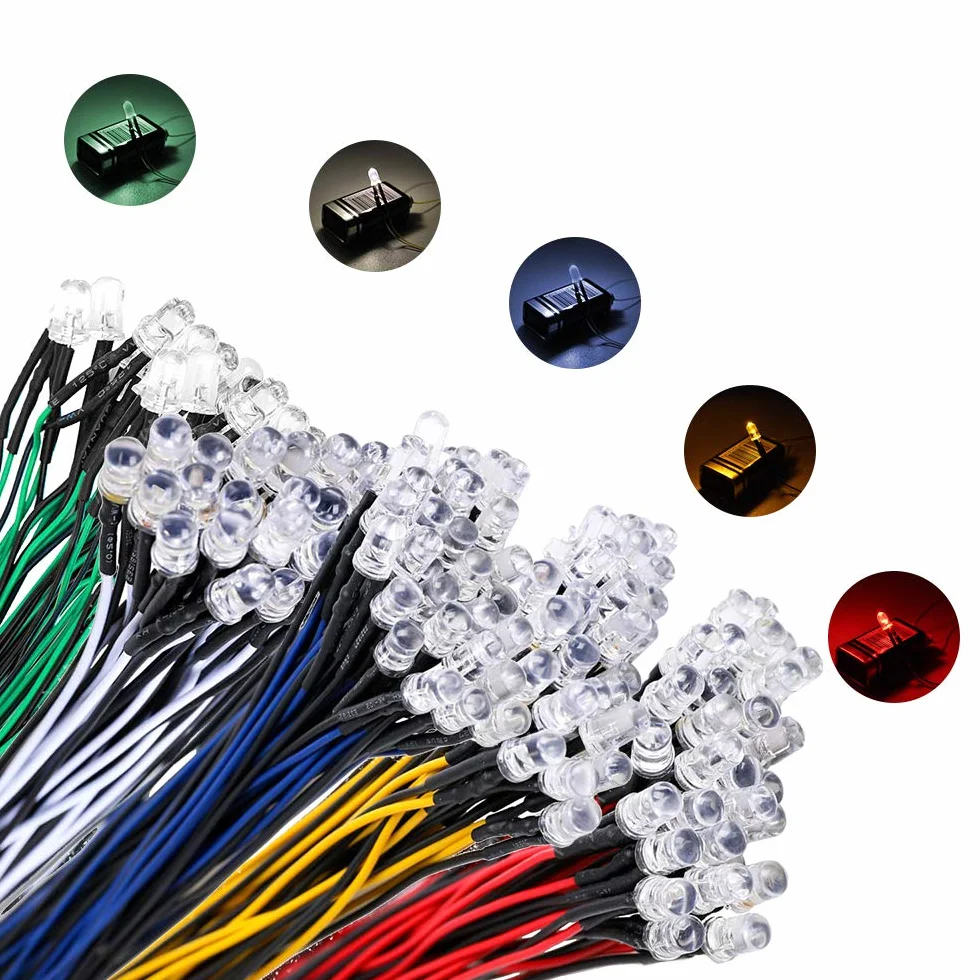 YIXISI 100 Sztuk 5mm Ultra Jasne 12V Wstępnie Przewodowe Diody LED, Biały Czerwony Niebieski Zielony Żółty