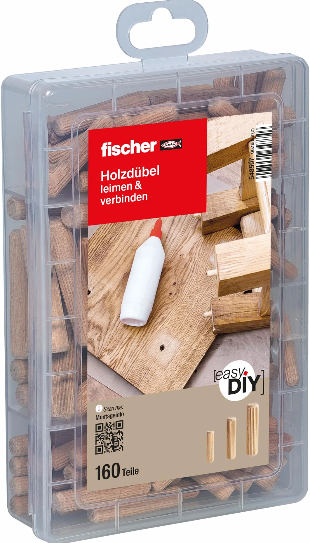 fischer Praktyczny pomocnik klejów i łączenia, pudełko asortymentowe z 160 drewnianymi kołkami, zestaw do bezpiecznego łączenia litego drewna, materiałów drewnopochodnych i materiałów płytowych