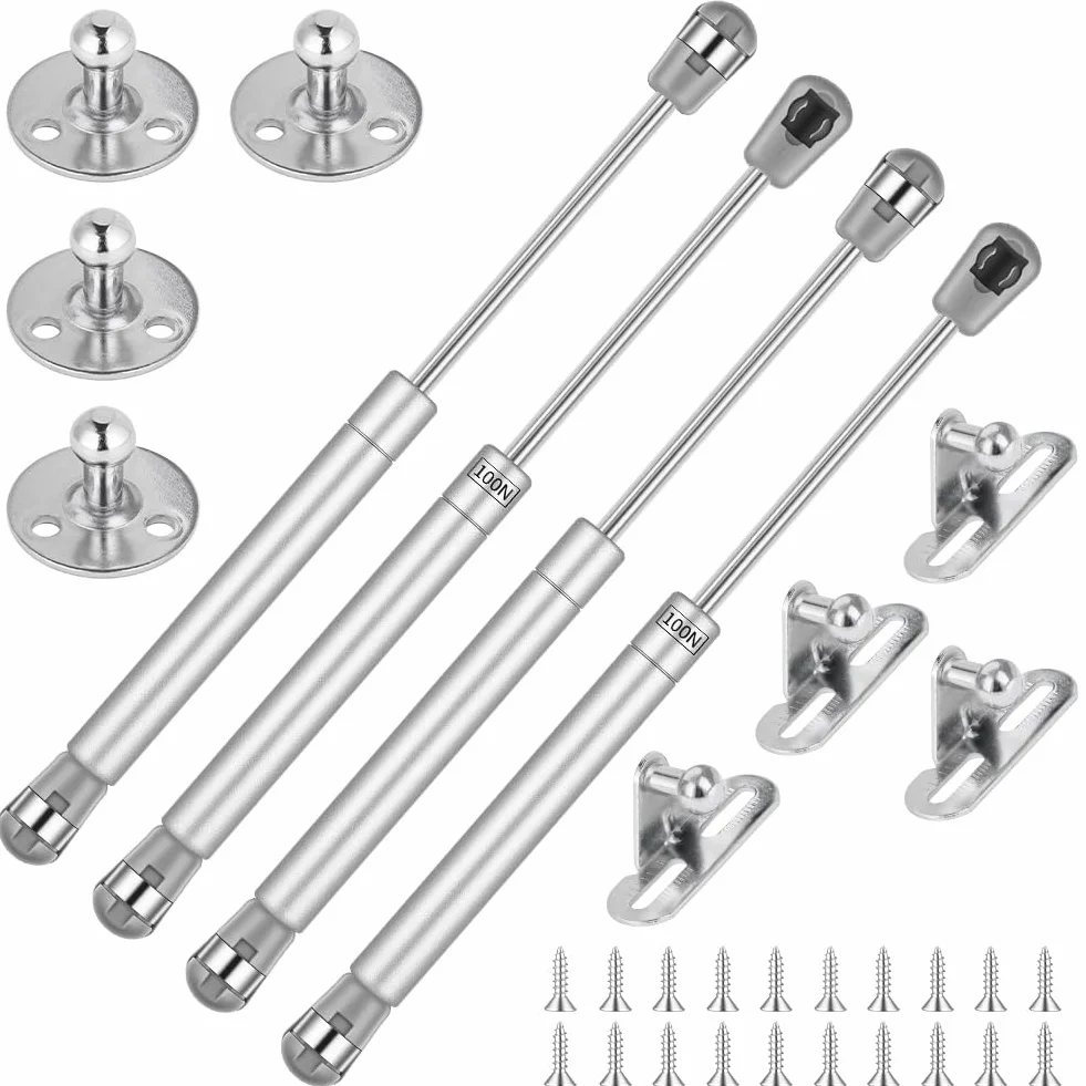 Sprężyna gazowa, tłumik gazowy, 4 sztuki, 100 N, hydrauliczna sprężyna gazowa, sprężyny gazowe z zamknięciem soft close z śrubami i elementami mocującymi, tłumik do mebli, tłumik uderzeniowy