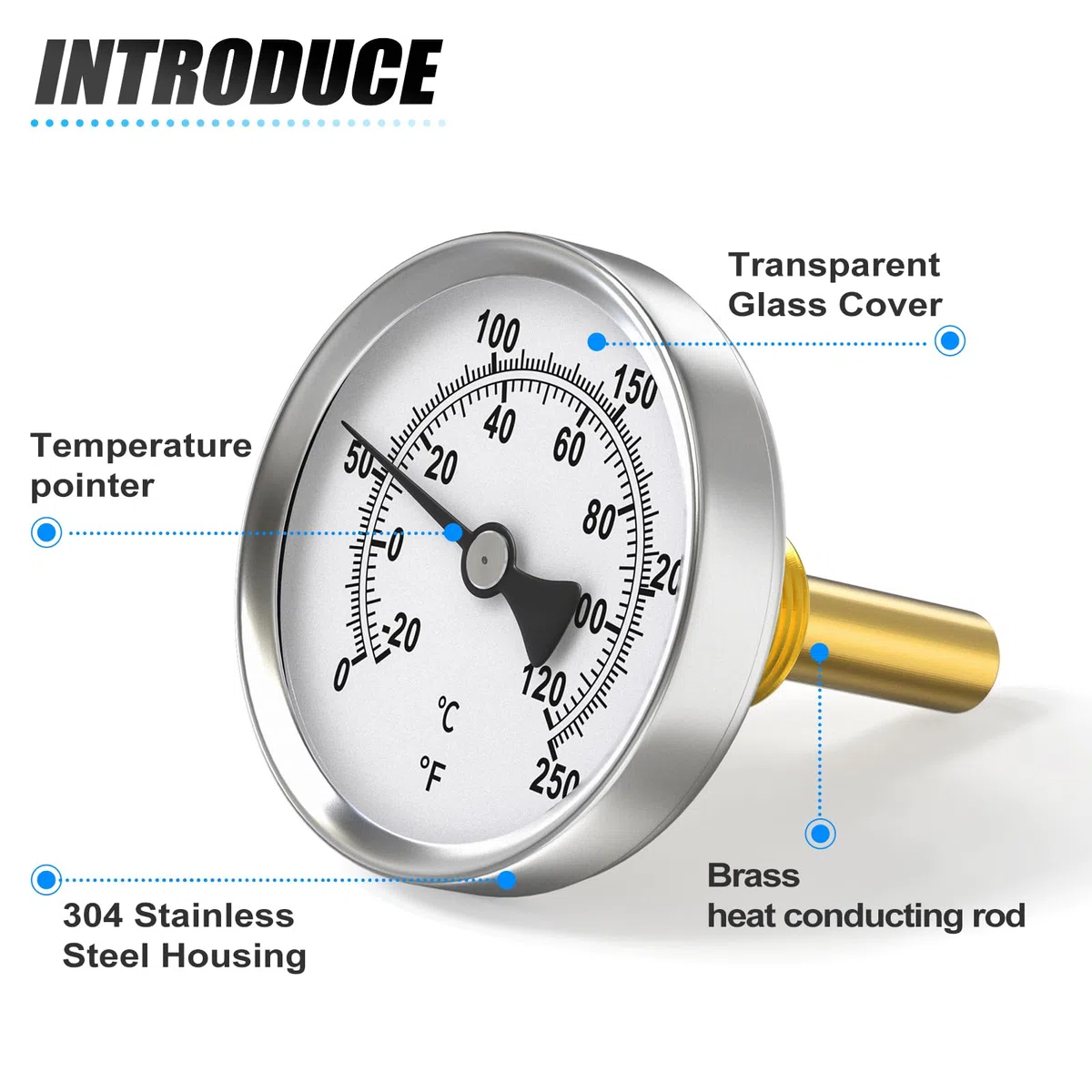 MEANLIN MEASURE Termometr bimetalowy 1/2" BSP do gorącej wody, kotła i rur, tarcza 2-1/2", bezołowiowy chwyt mosiężny 2-1/4", zakres temperatur -20~120℃/0~250℉, dokładność 2%, uchwyt środkowy tylny