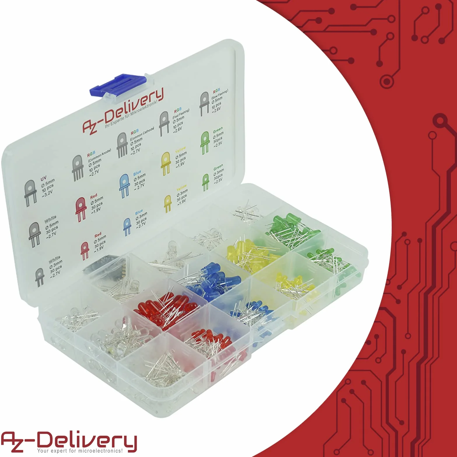AZDelivery Zestaw asortymentu diod elektroluminescencyjnych LED, 350 sztuk, 3 mm i 5 mm, 5 kolorów, zestaw okrągłych diod LED emitujących, UV RGB CC/CA kompatybilny z Arduino E-book w zestawie!