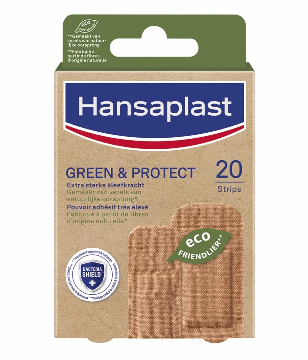 Hansaplast Opatrunki wstępnie przycięte Green & Protect (1 x 20 sztuk), przyjazne dla środowiska uniwersalne opatrunki, sterylne opatrunki o bardzo mocnej przyczepności