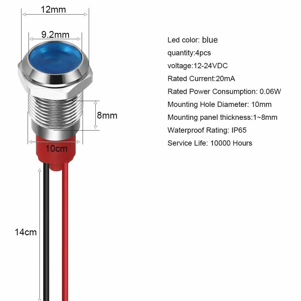 GUUZI Lampka Kontrolna LED 12-24V Wodoodporna 10mm Wskaźnik Panel Metalowy Niebieski 4szt