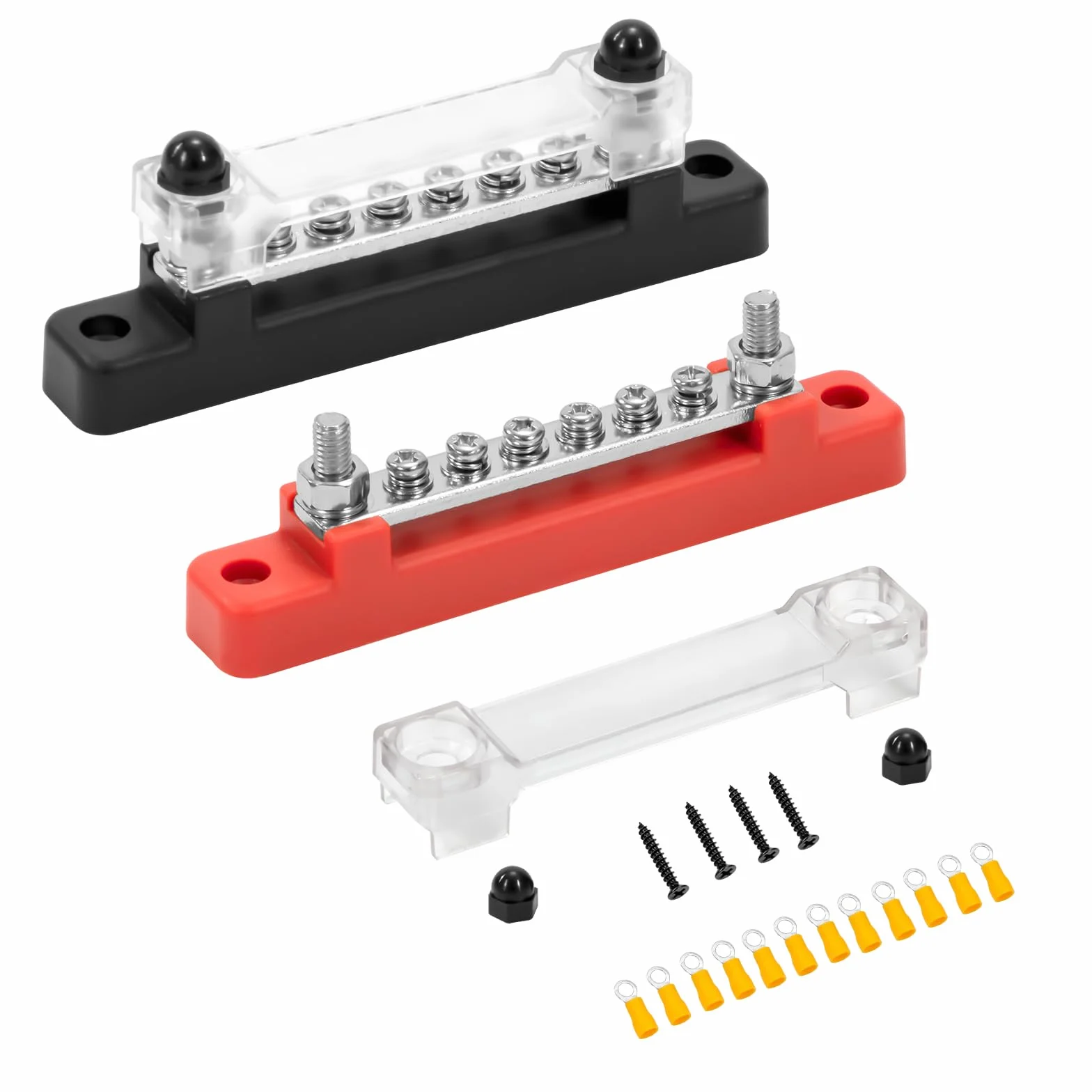 Listwa rozdzielcza zasilania 12 V-48 V DC BusBar 150A Listwy rozdzielające energię z 6 x M4, śruby zaciskowe do samochodu, ciężarówki, łodzi, czerwony, czarny, 2 sztuki