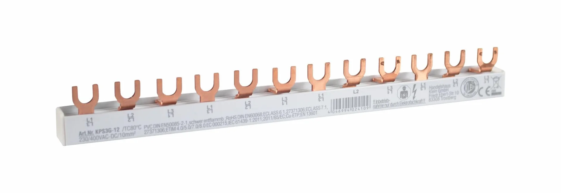 3-fazowa szyna widelca, wersja L, zamknięta 4 x 3 bieguny, długość 216 mm, szerokość modułu: 17,80 mm