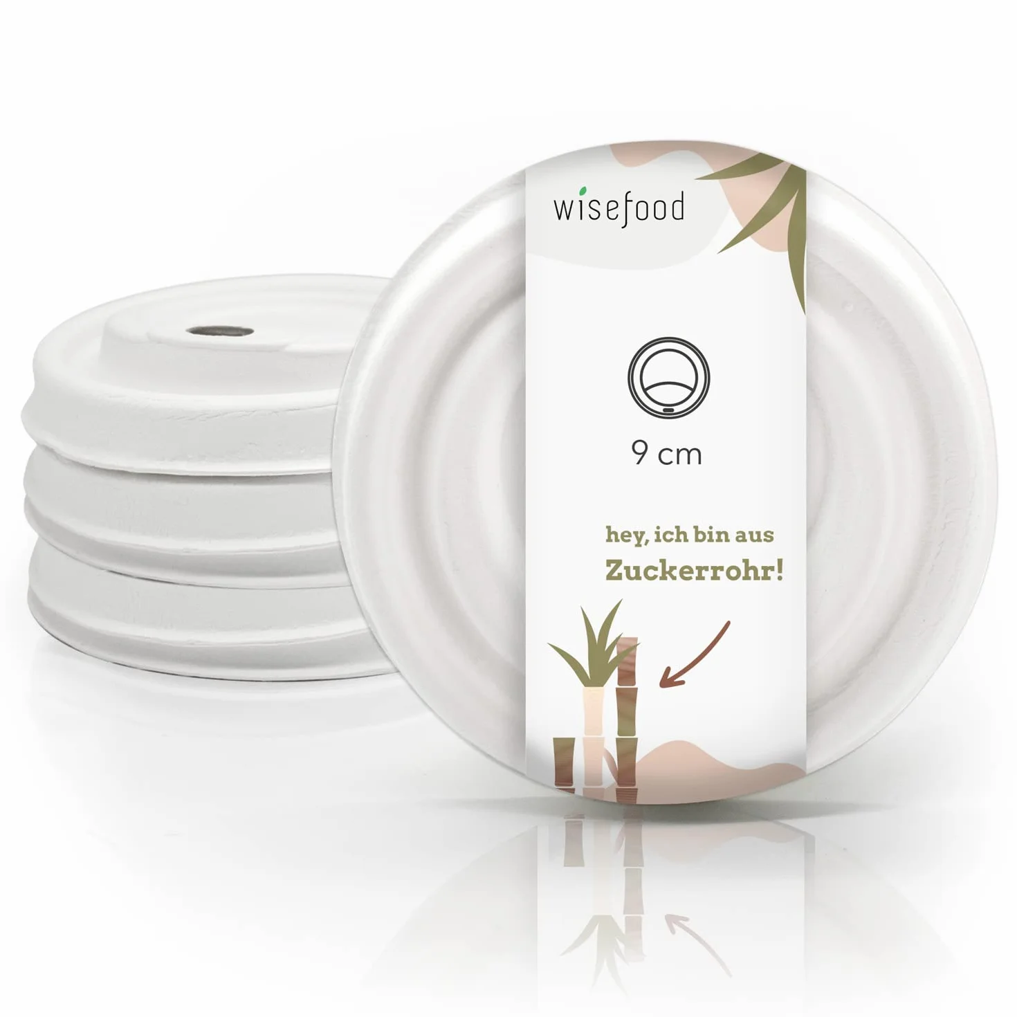 wisefood Pokrywki do kubków do kawy z trzciny cukrowej, 50 sztuk, pokrywki Coffee to Go ∅ 90 mm, jednorazowe pokrywki do kawy, białe, pasują do kubków 300 ml, biodegradowalna pokrywka z wytłoczyn bez