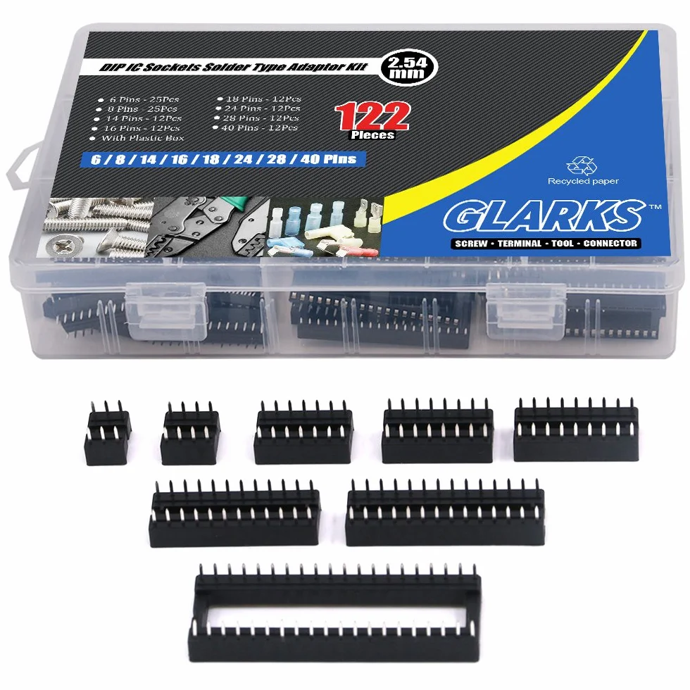 Glarks 122 szt. 2,54 mm Pitch DIP IC gniazda wtykowe adapter zestaw pinów