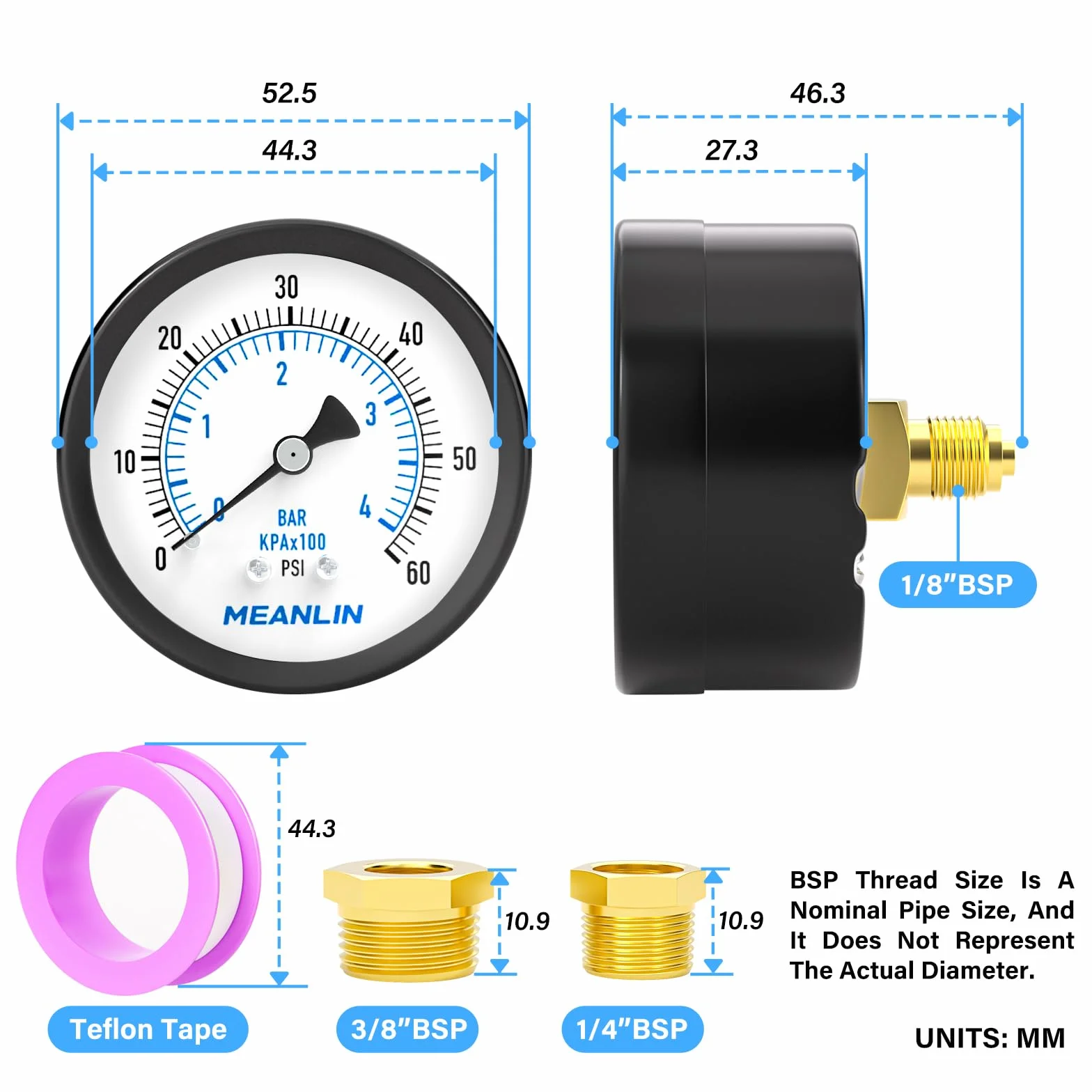 MEANLIN MEASURE 0~4BAR/0~60PSI 2"DIAL FACE 1/8 "BSP dobrze pompy Manometr ciśnieniowy,z 1/4"BSP i 3/8"BSP Piasta sześciokątna, Filtr Sabbii per Basen Test,Center Montaggio back