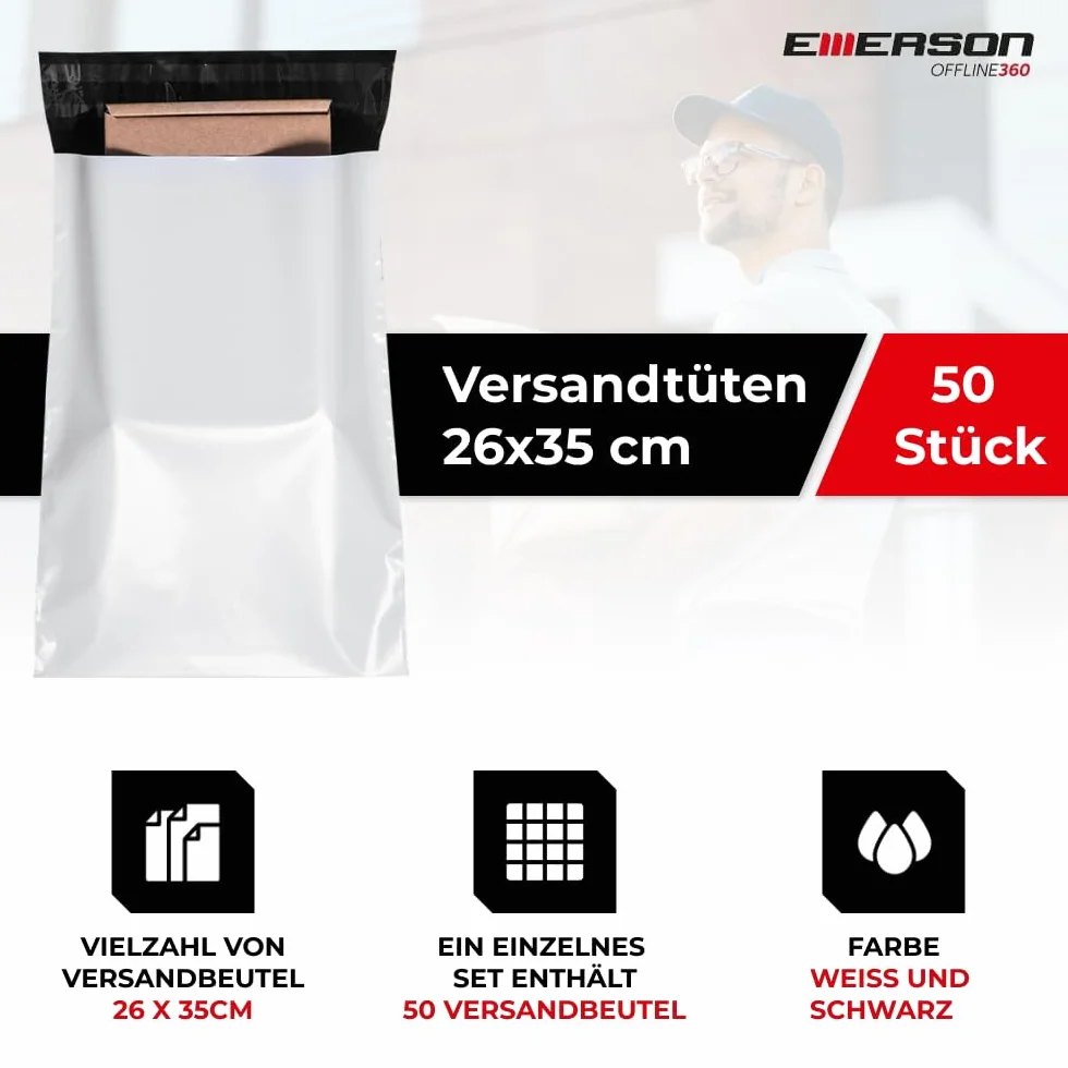 Emerson 50 sztuk plastikowych torebek wysyłkowych 26 x 35 cm | torba wysyłkowa z zamknięciem samoprzylepnym | białe nieprzezroczyste | torebki wysyłkowe na ubrania, artykuły | worki plastikowe | różne