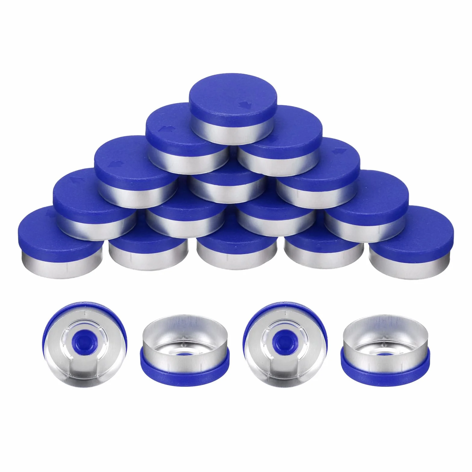 QUARKZMAN 20 mm czapki z klapką, 100 szt. górnych zatyczek bez zadziorów, uszczelki, fiolki, plastik, aluminium, pokrywa na szklane butelki, niebieski/srebrny