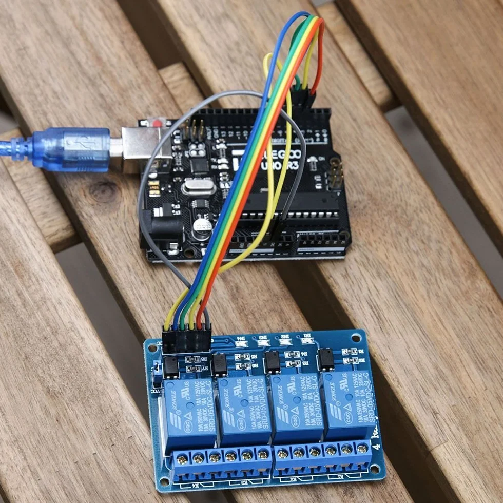 ELEGOO 4-kanałowy moduł przekaźnika DC 5 V z transoptorem do Arduino UNO R3 MEGA 1280 DSP ARM PIC AVR STM32 Raspberry Pi