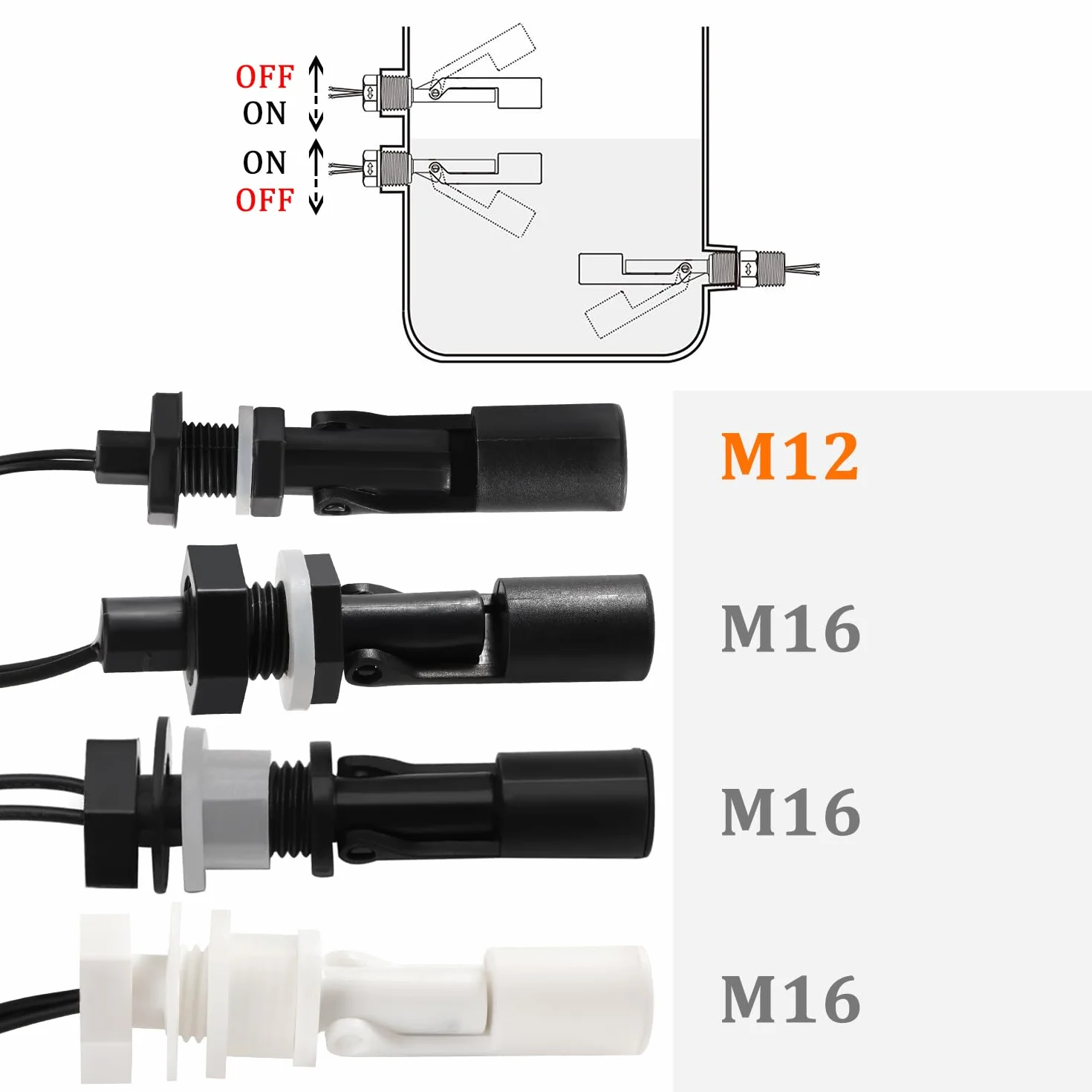 2 Sztuk M12 10W Czujnik Poziomu Wody, Poziomy Wyłącznik Pływakowy z Boku PP, Czujniki Poziomu Cieczy, ze Złącza Sprężynowe, w Zbiorniku Akwarium, Czarny