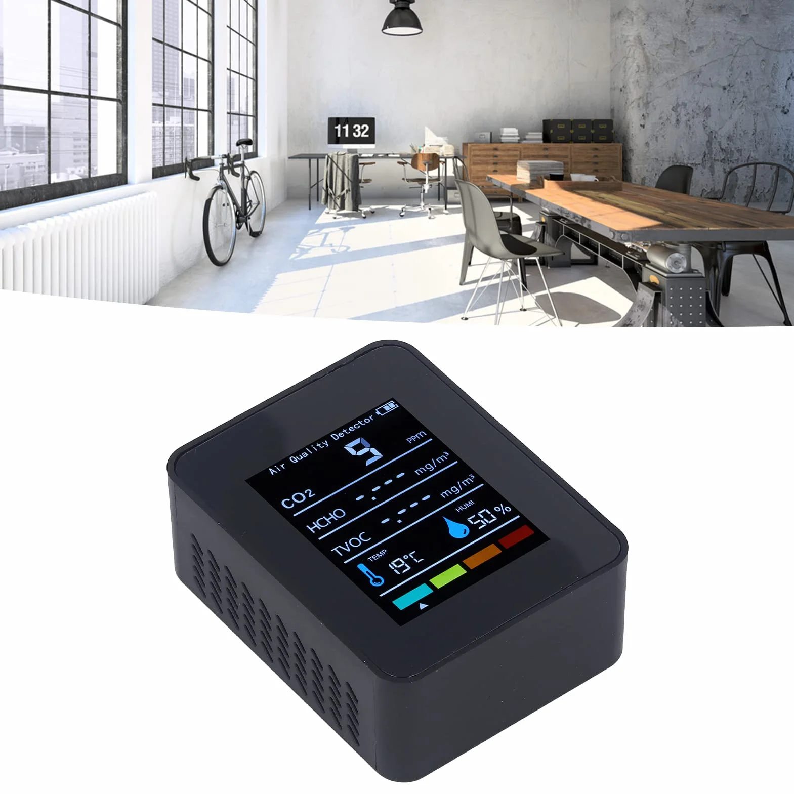 Monitor Jakości Powietrza, Detektor CO2 Czarny Detektor Dwutlenku Węgla CO2 LCD TVOC HCHO Temperatura Wilgotność Monitor Jakości Powietrza Miernik Monitor CO2 do Namiotów