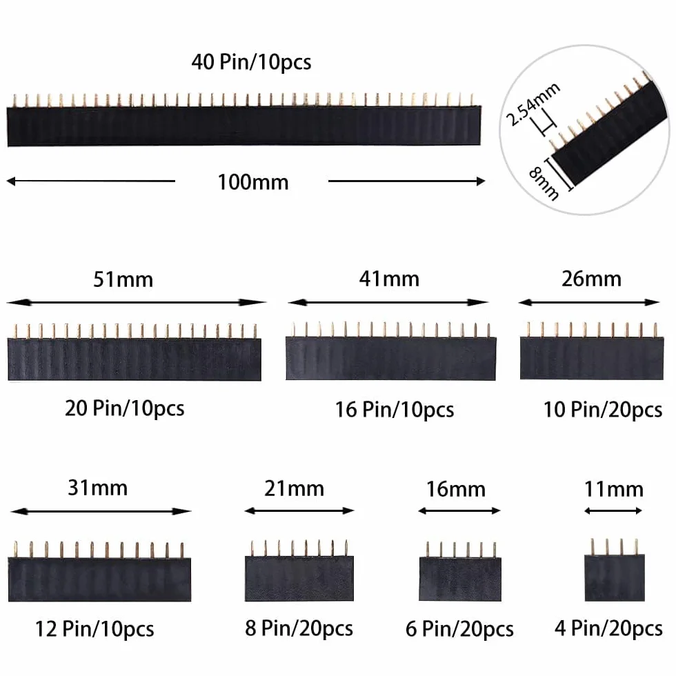 GTIWUNG 128 sztuk 2,54 mm prosta płytka jednorzędowa żeńska listwa zasilająca listwa zasilająca listwa zasilająca Pin Header Connectors (4/6/8/10pinów każdorazowo 22 sztuki + 12/16/20/40 pinów po 10