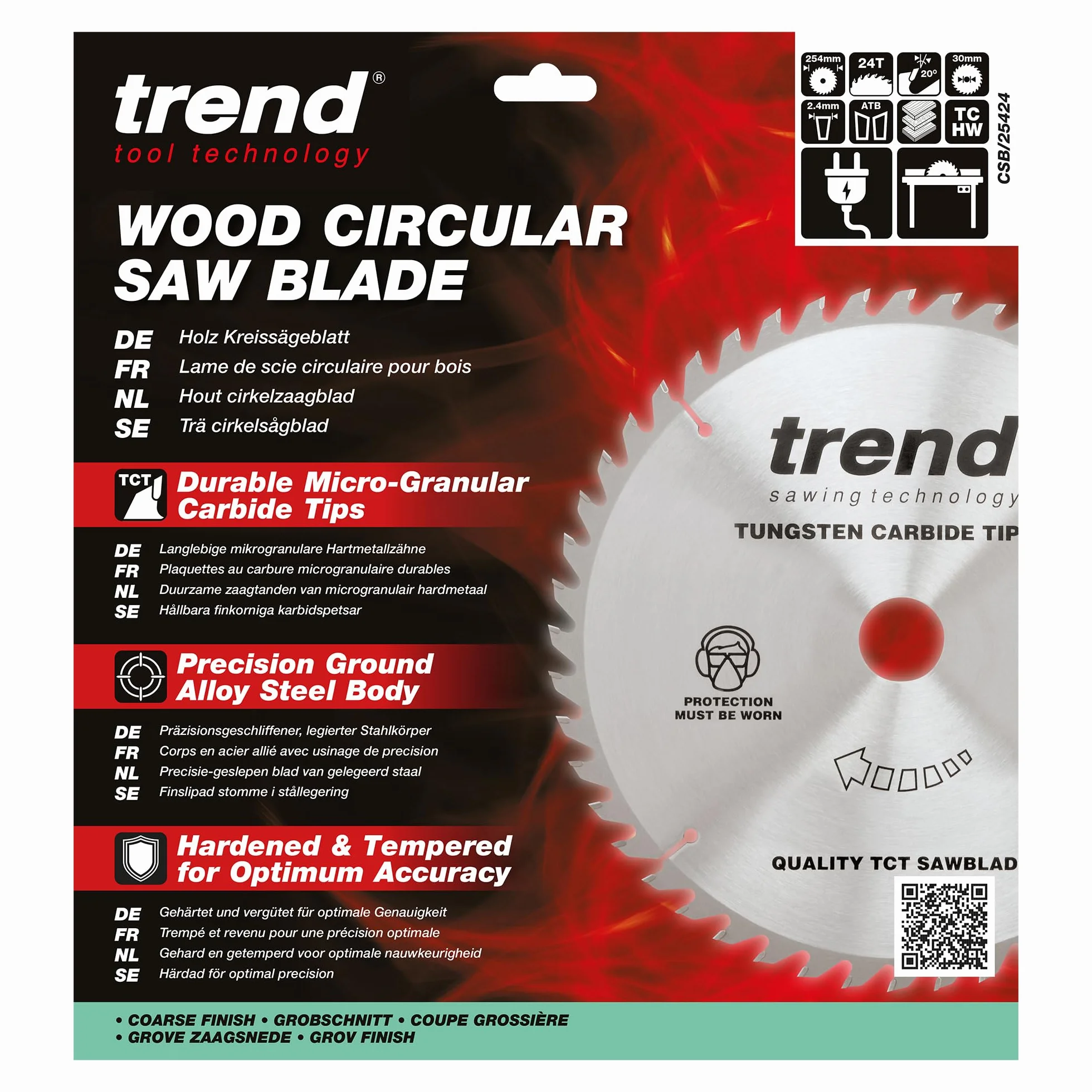 Trend Wood brzeszczot do piły tarczowej, średnica 254 mm, otwór 30 mm, 24 zęby, 2,4 mm szczelina tnąca, +hak 20°, TCT, gruba powierzchnia, CSB/25424