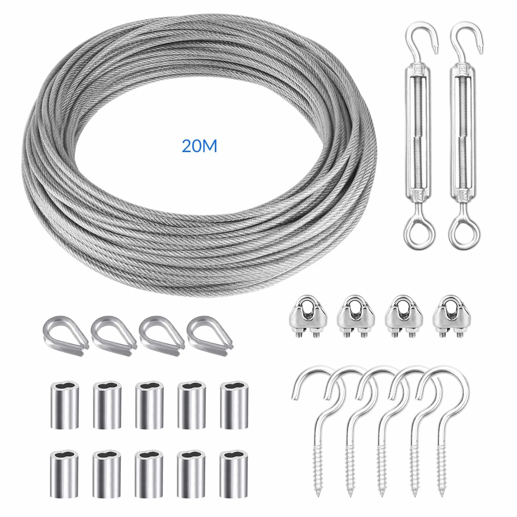 20 m linka stalowa ze stali nierdzewnej, 2 mm, z powłoką PCW | aluminiowe tuleje aluminiowe zacisk 2 mm | linka druciana 2 mm | napinacz klamry napinającej M5 | Kausze do liny drucianej M2 |