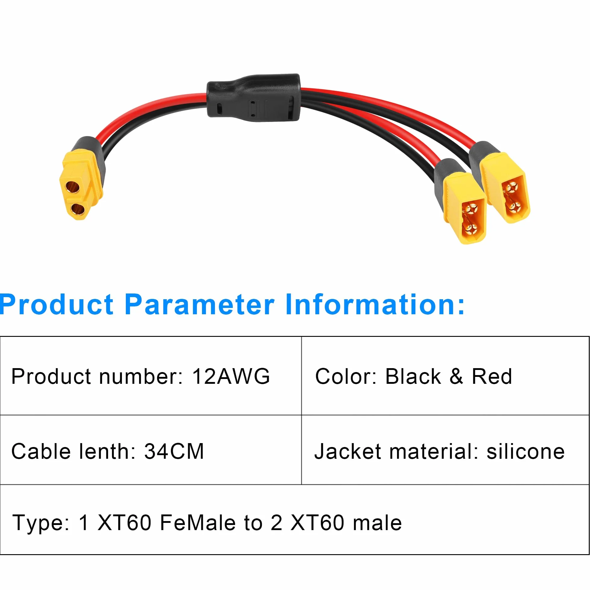 GINTOOYUN XT60 Y przedłużacz rozdzielacza 12 AWG XT60 żeński na podwójny męski adapter złącza do panelu słonecznego, generatora słonecznego, przenośnej elektrowni, drona, kampera, statku itp. (0,3 m