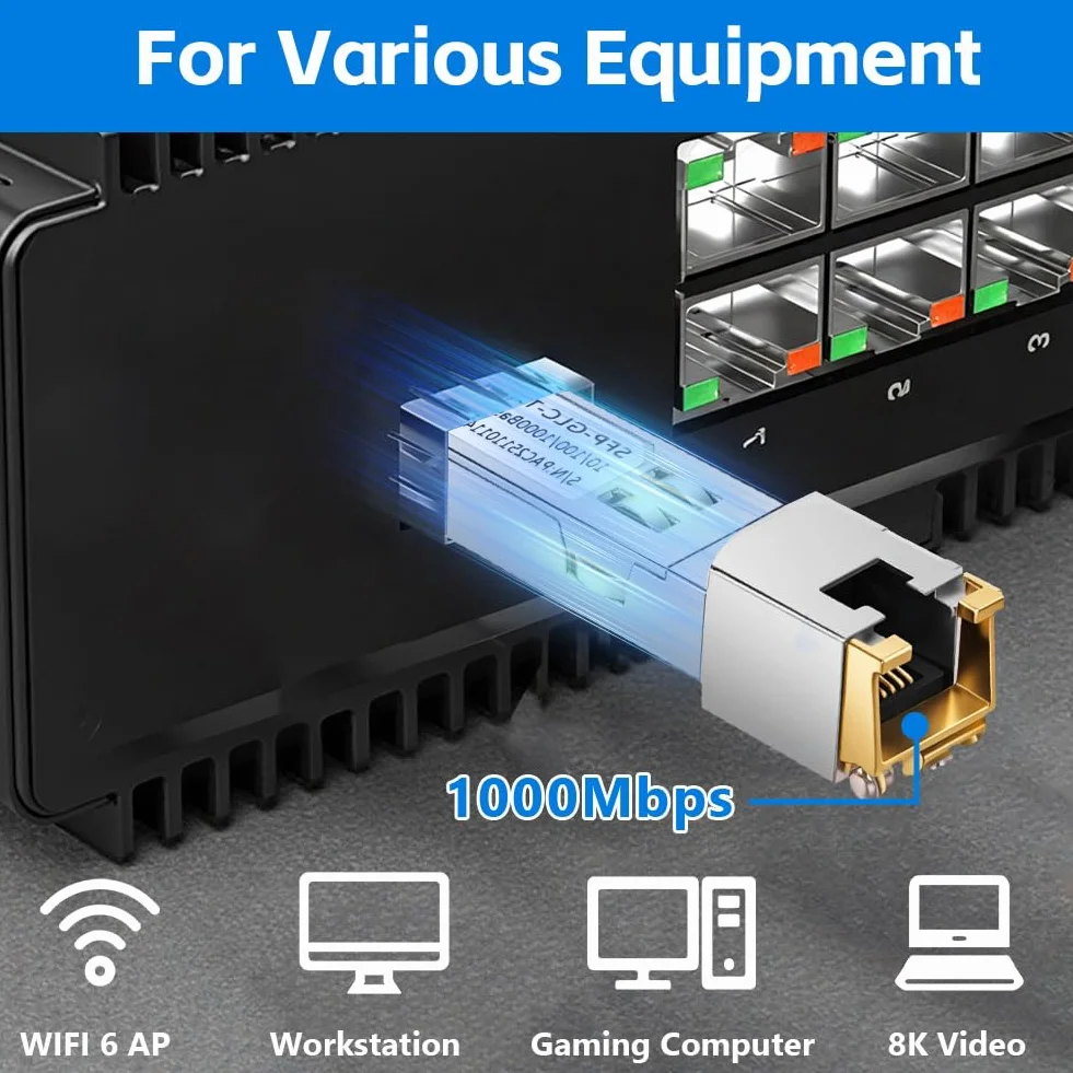OFFCUP Miedziany moduł SFP do RJ45, 2 szt. SFP Base-T do 100 metrów, nadawca Mini-GBIC kompatybilny z Cisco SFP-10G-TS Ubiquiti UF-RJ45-10G Netgear Mikrotik D-Link Supermicro
