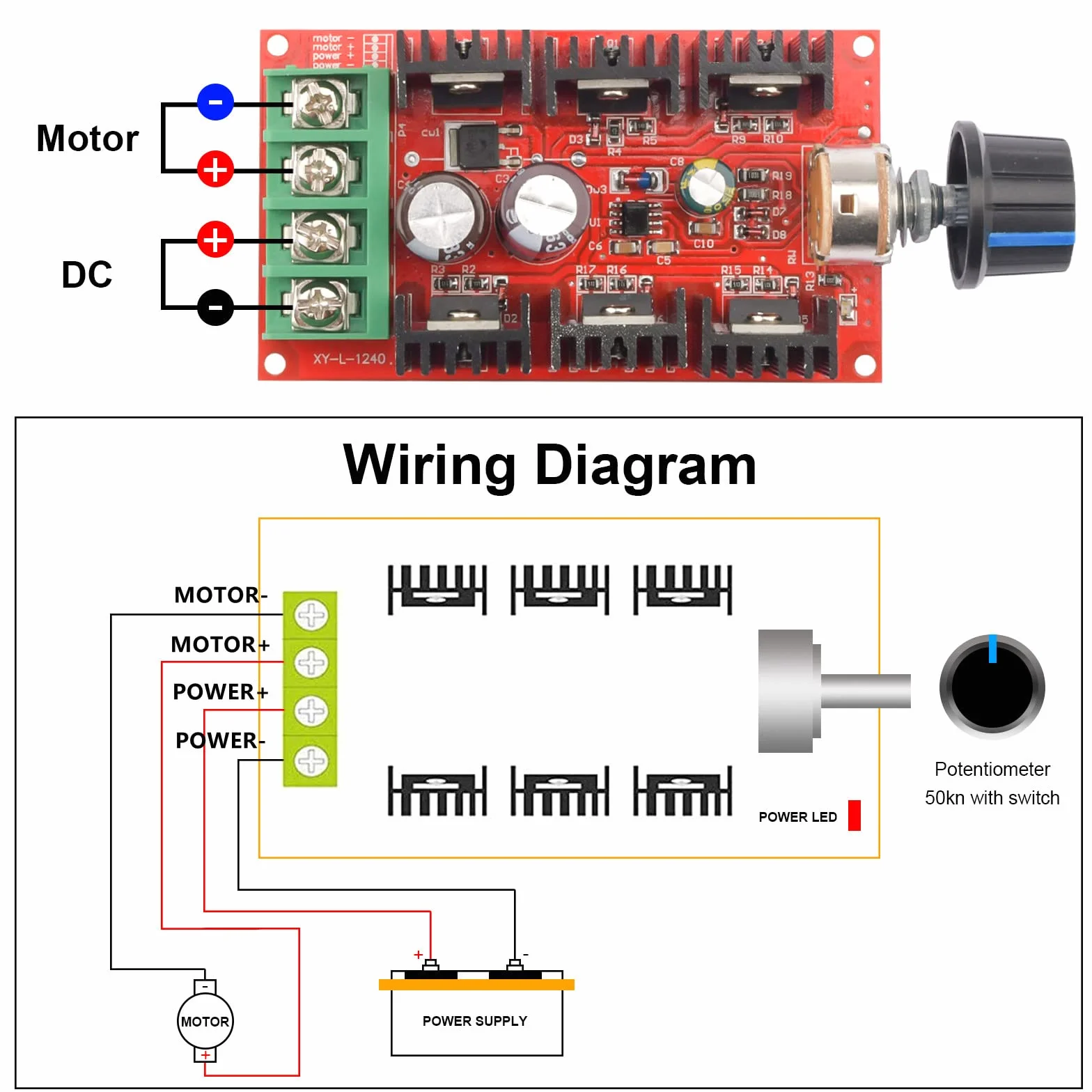 Aideepen Regulator prędkości obrotowej silnika DC 12V 24V 48V 2000W 40A PWM