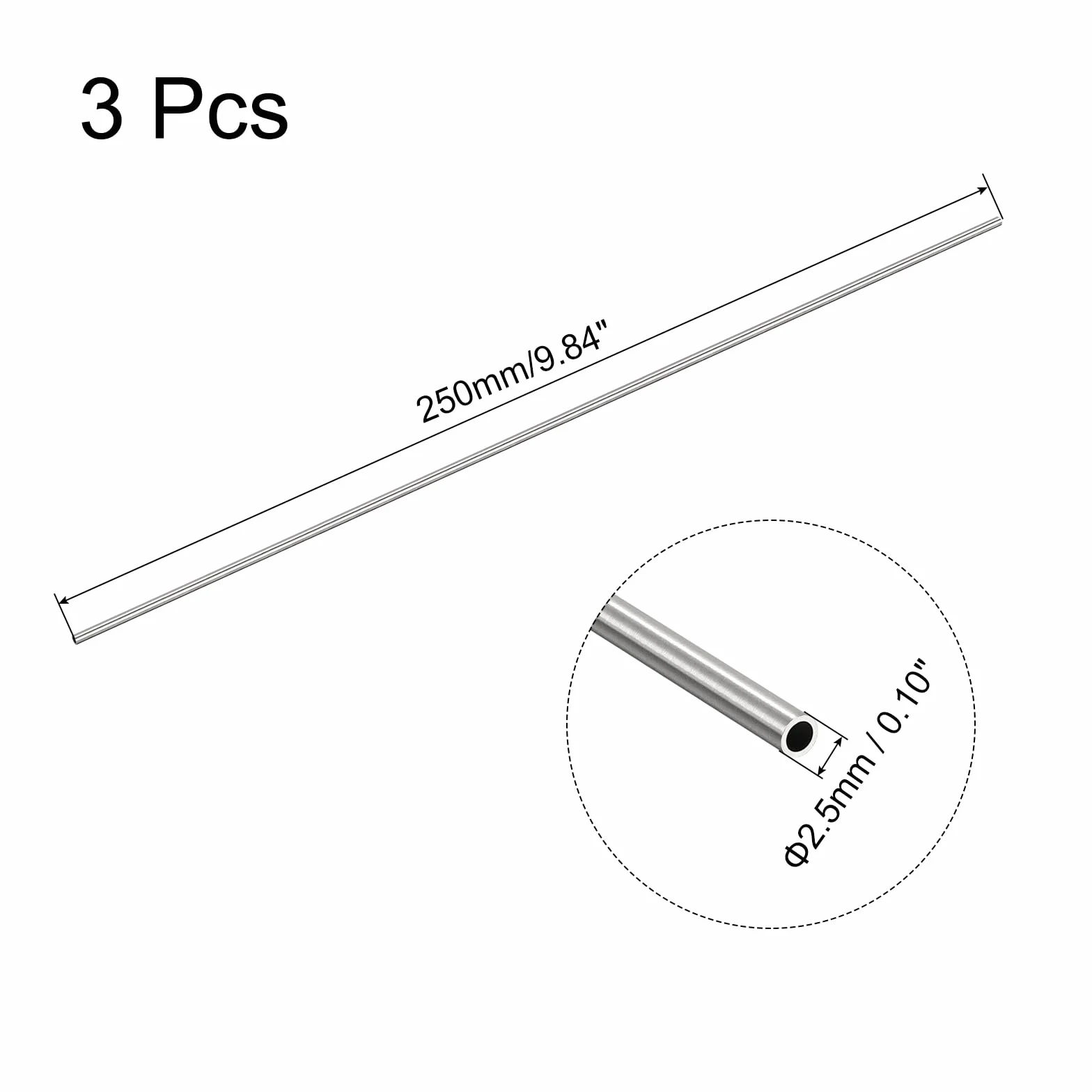 QUARKZMAN 3 szt. rura kapilarna ze stali nierdzewnej 304 OD 2,5 mm x 0,2 mm, 250 mm, rura metalowa, grubość ścianki
