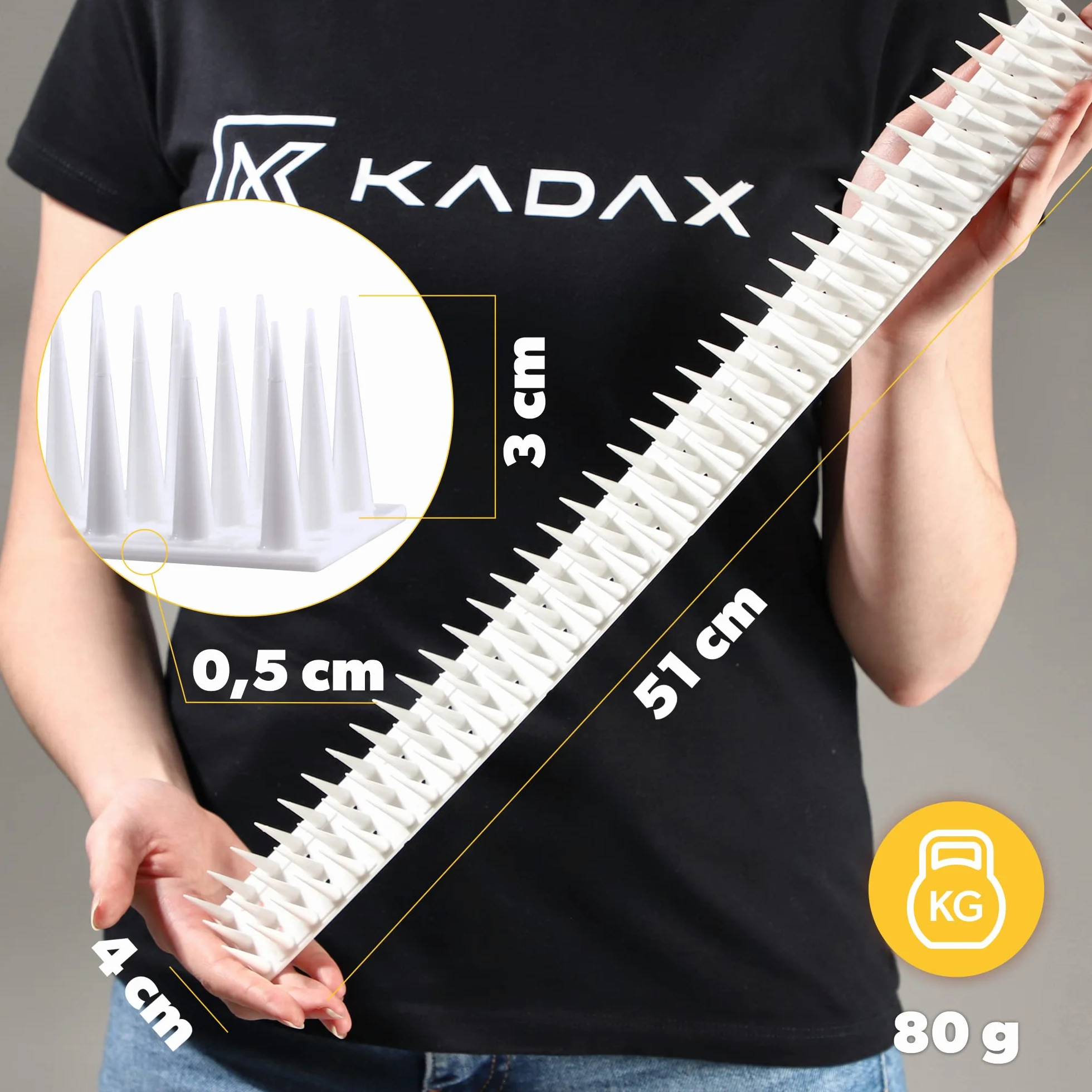 KADAX Obrona ptaków wykonana z plastiku, 51 x 4 x 3,5 cm, obrona zwierząt, 3-rzędowe, kolce dla kota, Marten, Deaf, Głuchy, parapet, dach, obrona gołębia, ochrona ptaków, solidna (12, biała)
