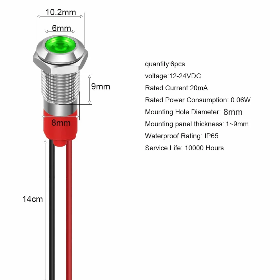 GUUZI 8mm LED Lampka Kontrolna 12-24V Wodoodporna Wskaźnik Panel Metalowy Zielony 6 szt
