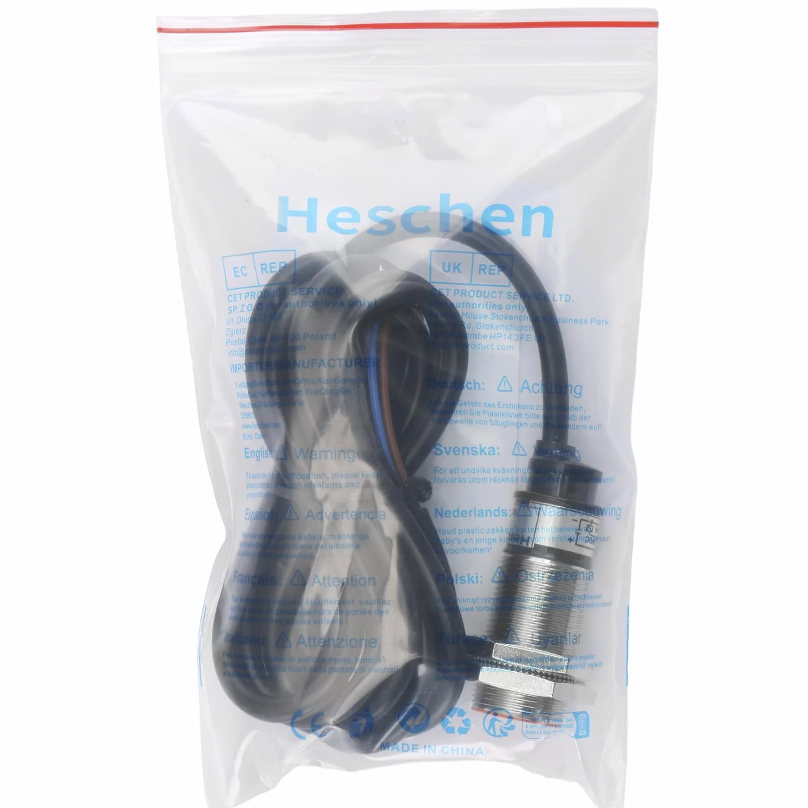 Heschen Indukcyjny czujnik zbliżeniowy PR18-5DP typ cylindryczny, czujnik 5 mm, okrągły M18, 12-24 VDC 3-przewodowy, ekranowany, PNP, NO(normalnie otwarty) CE