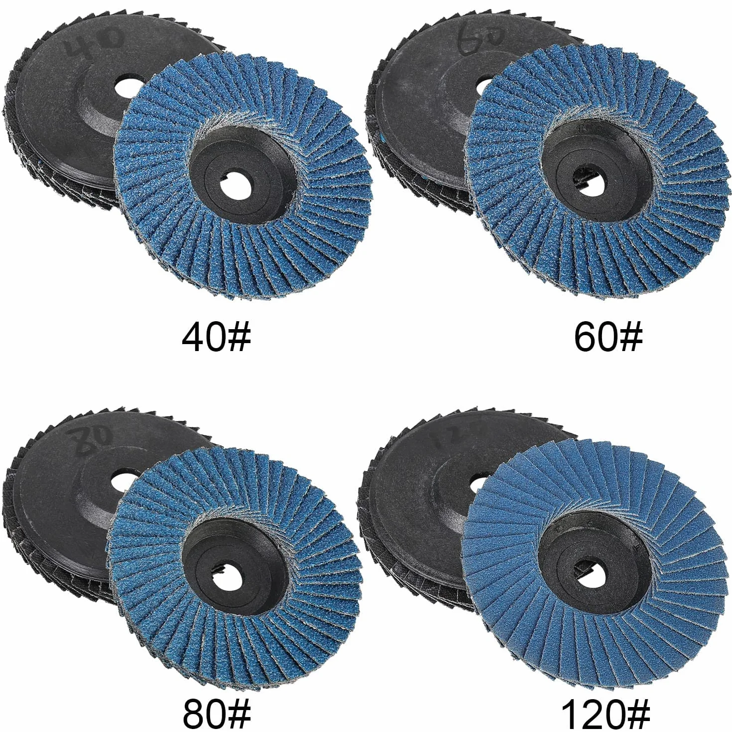 Zestaw 8 tarcz ściernych z lamelkami, Ø 76 mm x 10 mm Ziarno 40/60/80/120, do metalu, stali i drewna, pokryte tarczami lamelowymi (niebieski)