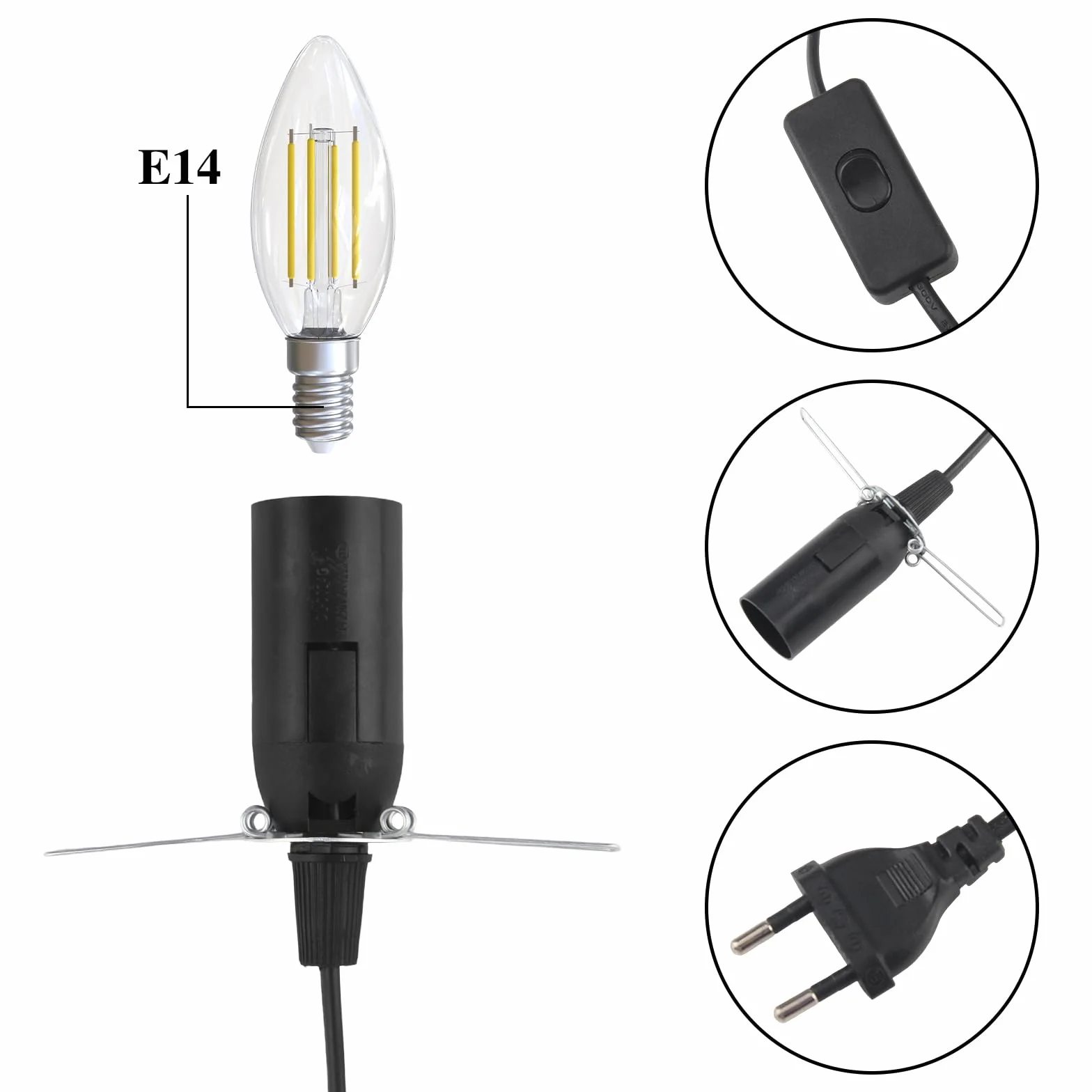 2 sztuki oprawki E14 z kablem i przełącznikiem, oprawka 3 m, gwint E14, wtyczka EU, lampa sufitowa, kolor czarny