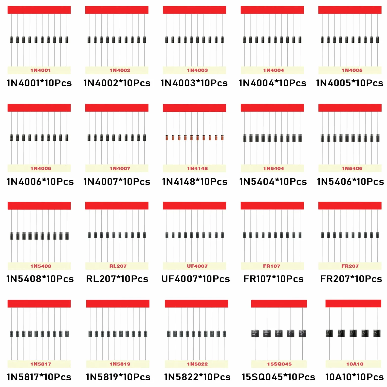 20Values Diodes Kit 1N4001 1N4002 1N4003 1N4004 1N4005 1N4006 1N4007 1N4148 1N5404 1N5406 1N5408 RL207 UF4007 FR107 FR207 1N5817 1N5819 1N5822 15SQ045 10A10 Rectifier Schottky Diode Assortment