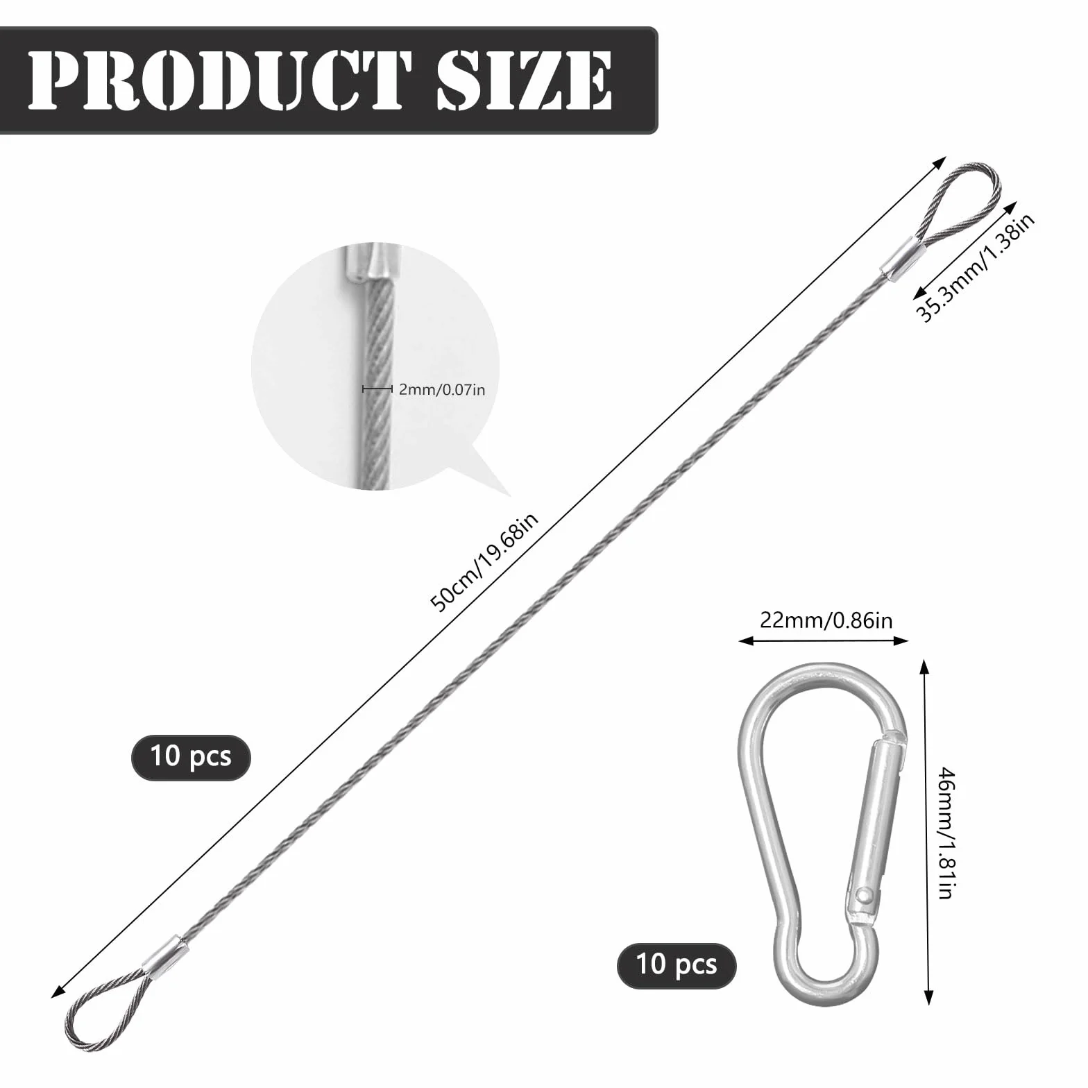 Linka stalowa z oczkami 50 cm x 2 mm stal szlachetna z karabińczykiem do zamków
