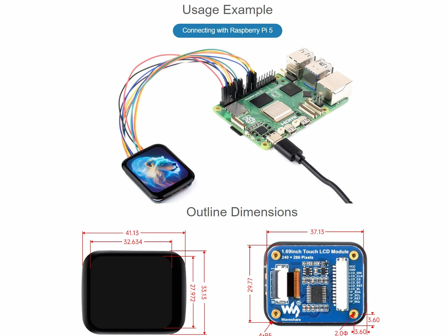Moduł wyświetlacza LCD IPS 1,7 cala 240×280 ST7789V2 do Raspberry Pi 5 Arduino ESP32S3 Pico