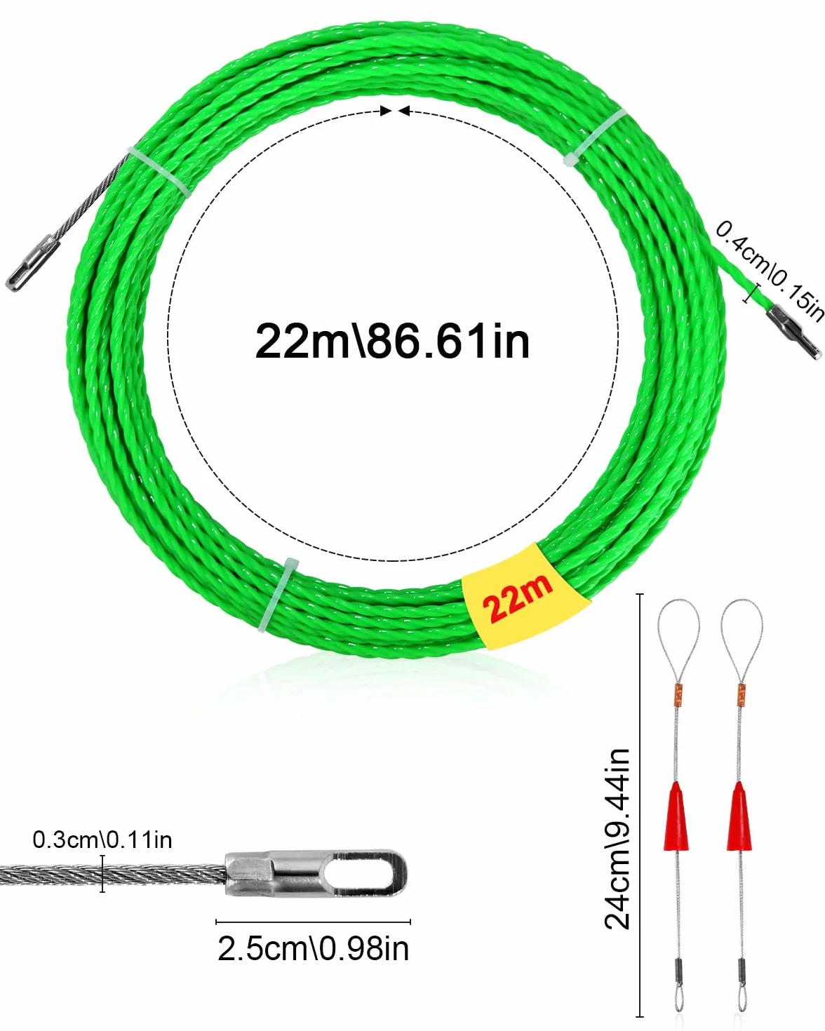 Drut do przeciągania kabli spiralny poliestrowy 22m φ4mm z sprężynami prowadzącymi zielony