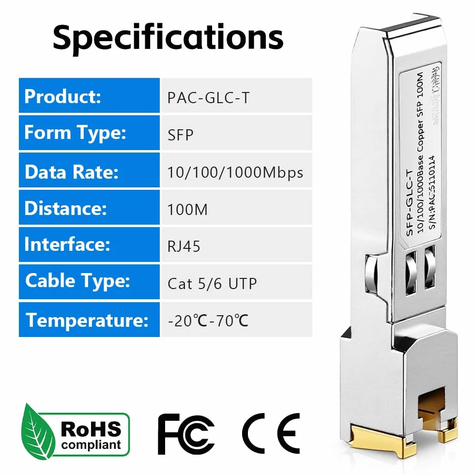 OFFCUP Miedziany moduł SFP do RJ45, 2 szt. SFP Base-T do 100 metrów, nadawca Mini-GBIC kompatybilny z Cisco SFP-10G-TS Ubiquiti UF-RJ45-10G Netgear Mikrotik D-Link Supermicro