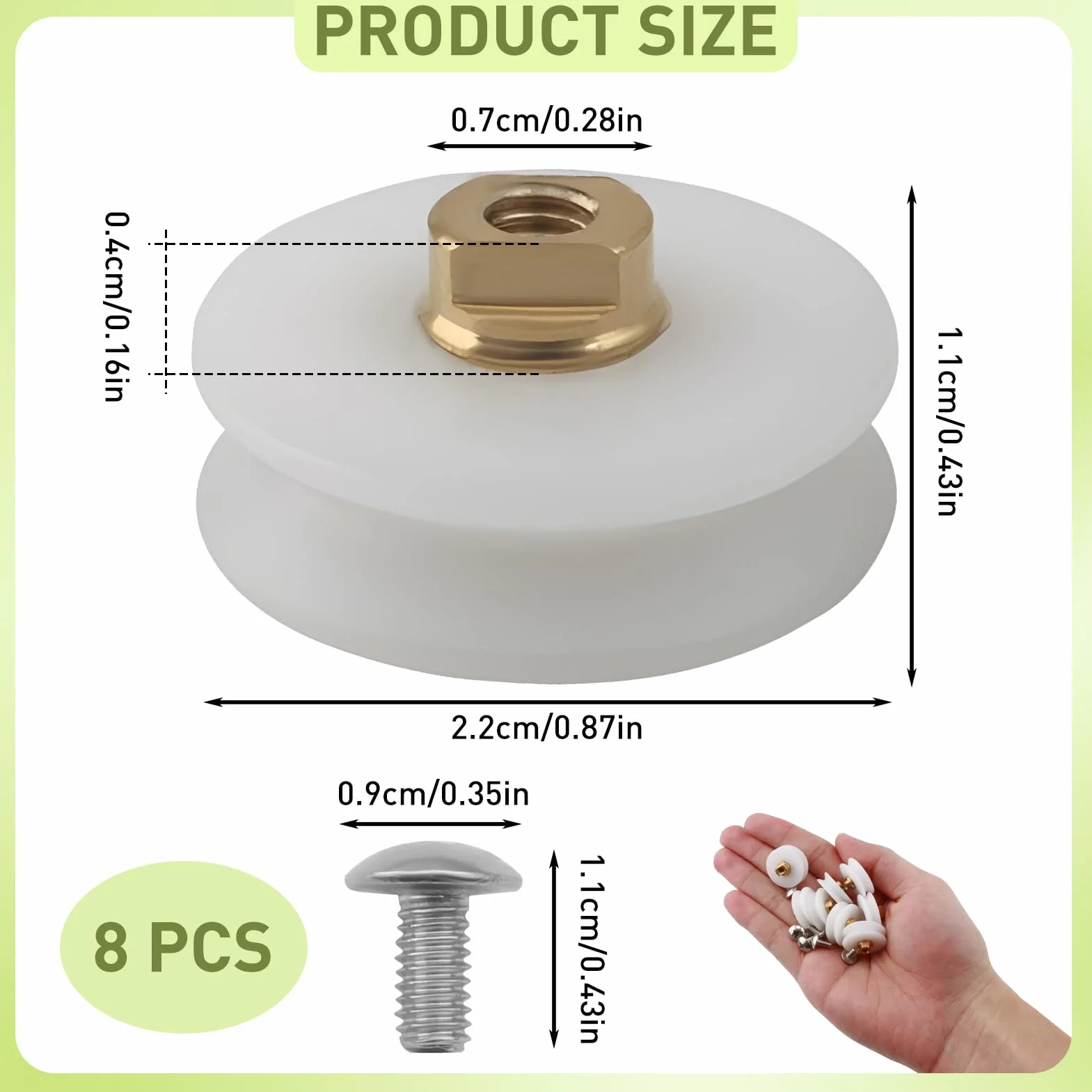 Zestaw 8 kółek do drzwi prysznicowych ze stali nierdzewnej i tworzywa sztucznego, średnica 22,5 mm