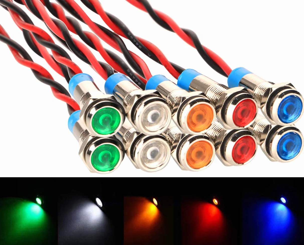 Gebildet 10 szt. 6mm 1/4 cala AC/DC 12-24V LED Energooszczędny Metalowy Wskaźnik Swietlny Wodoodporna lampa Sygnalizacyjna z Przewodem (zielony/żółty/czerwony/niebieski/biały)
