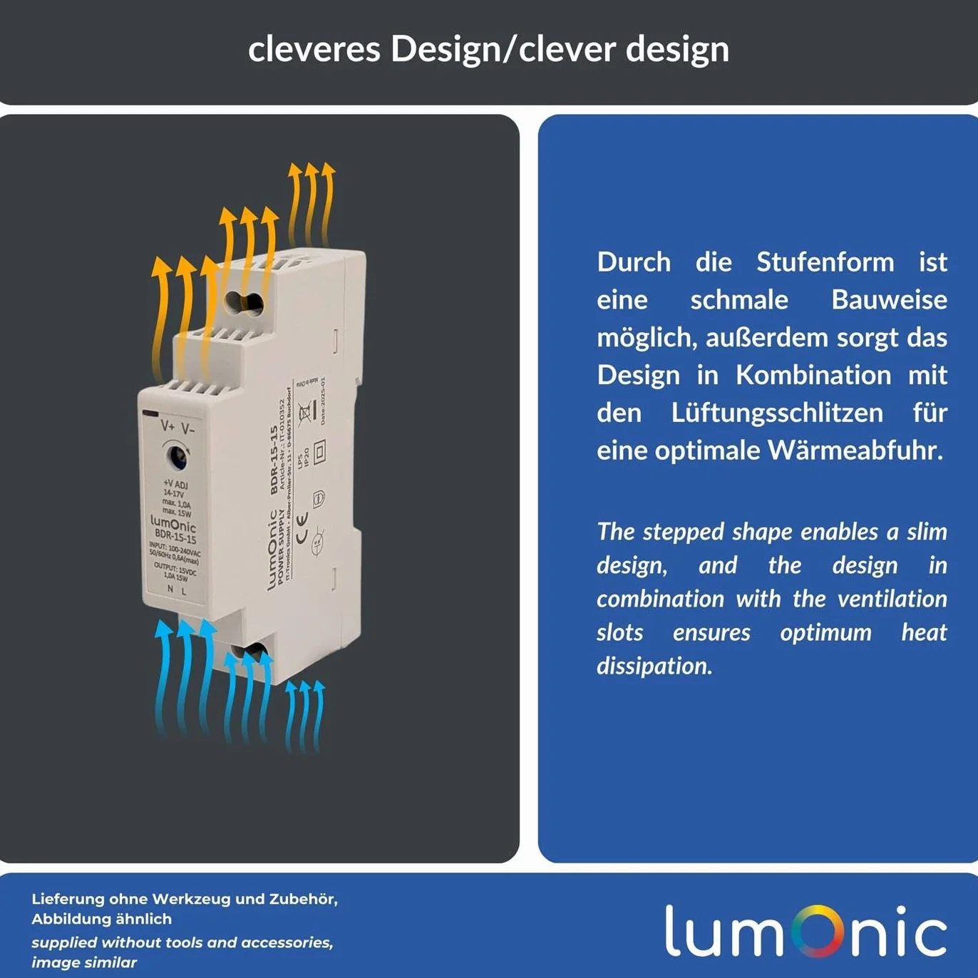 Lumonic I Zasilacz na szyne typu top-hat BDR-15-15 I 15V / 15W I Input 100-240VAC I Ochrona przed przeciazeniem I Zasilacz impulsowy na szyne DIN I Szafa sterownicza