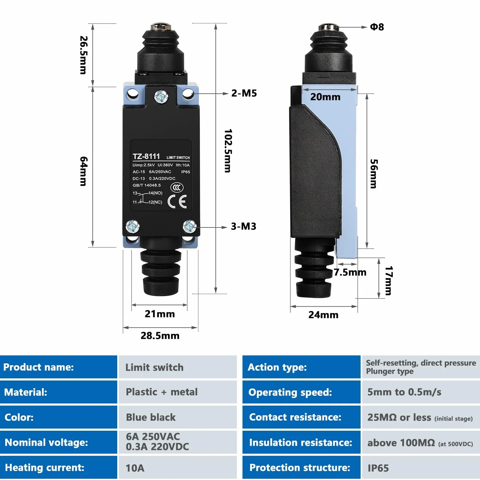 DEWIN TZ-8111 wyłącznik krańcowy samonastawny AC250V 6A