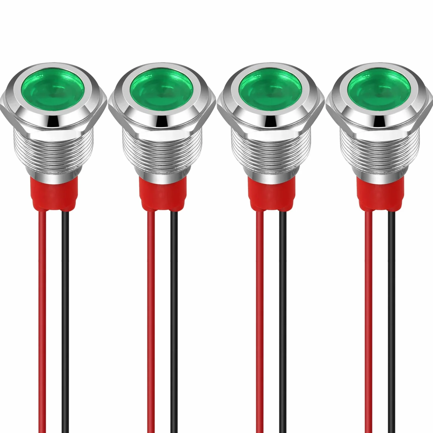 GUUZI 12mm Lampka Kontrolna LED 12-24V Wodoodporna Lampka Sygnalizacyjna Panel Metalowy Wskaźnik LED Lampka Sygnalizacyjna Mocowanie Panelu Głowica Płaska z Przewodami Srebrny Skorupa(Zielony, 4 szt)